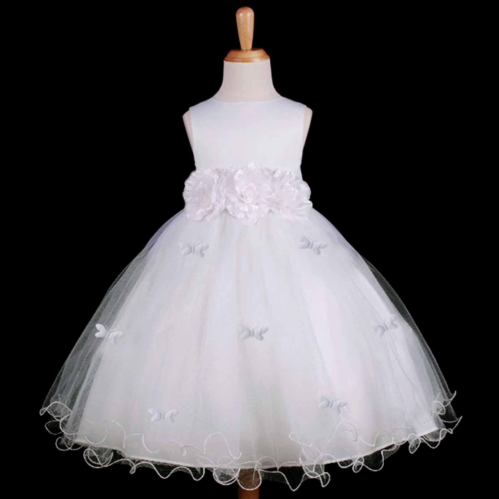 White Butterflies Tulle Flower Girl Dress 3-Flower Sash 509A