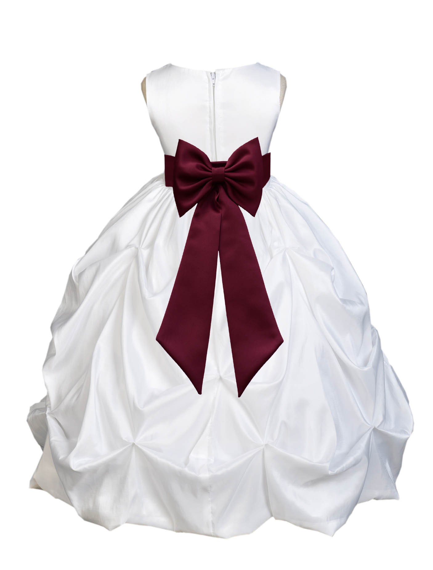 White/Burgundy Satin Taffeta Pick-Up Bubble Flower Girl Dress 301T