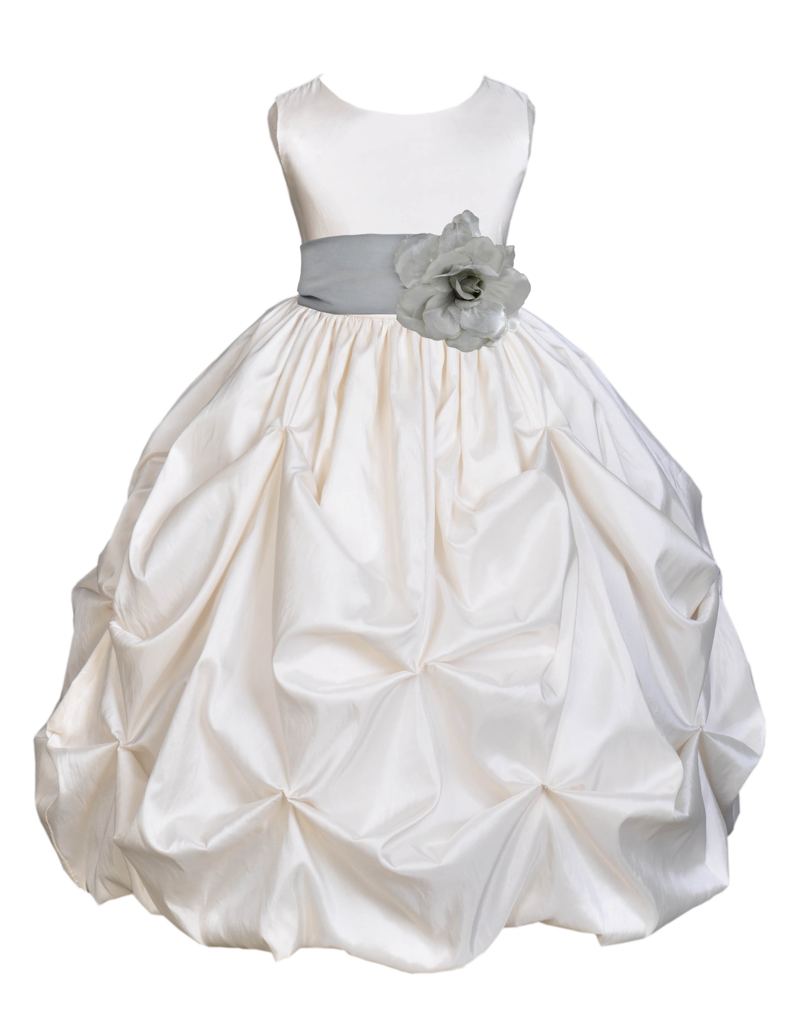 Ivory/Silver Satin Taffeta Pick-Up Bubble Flower Girl Dress 301S