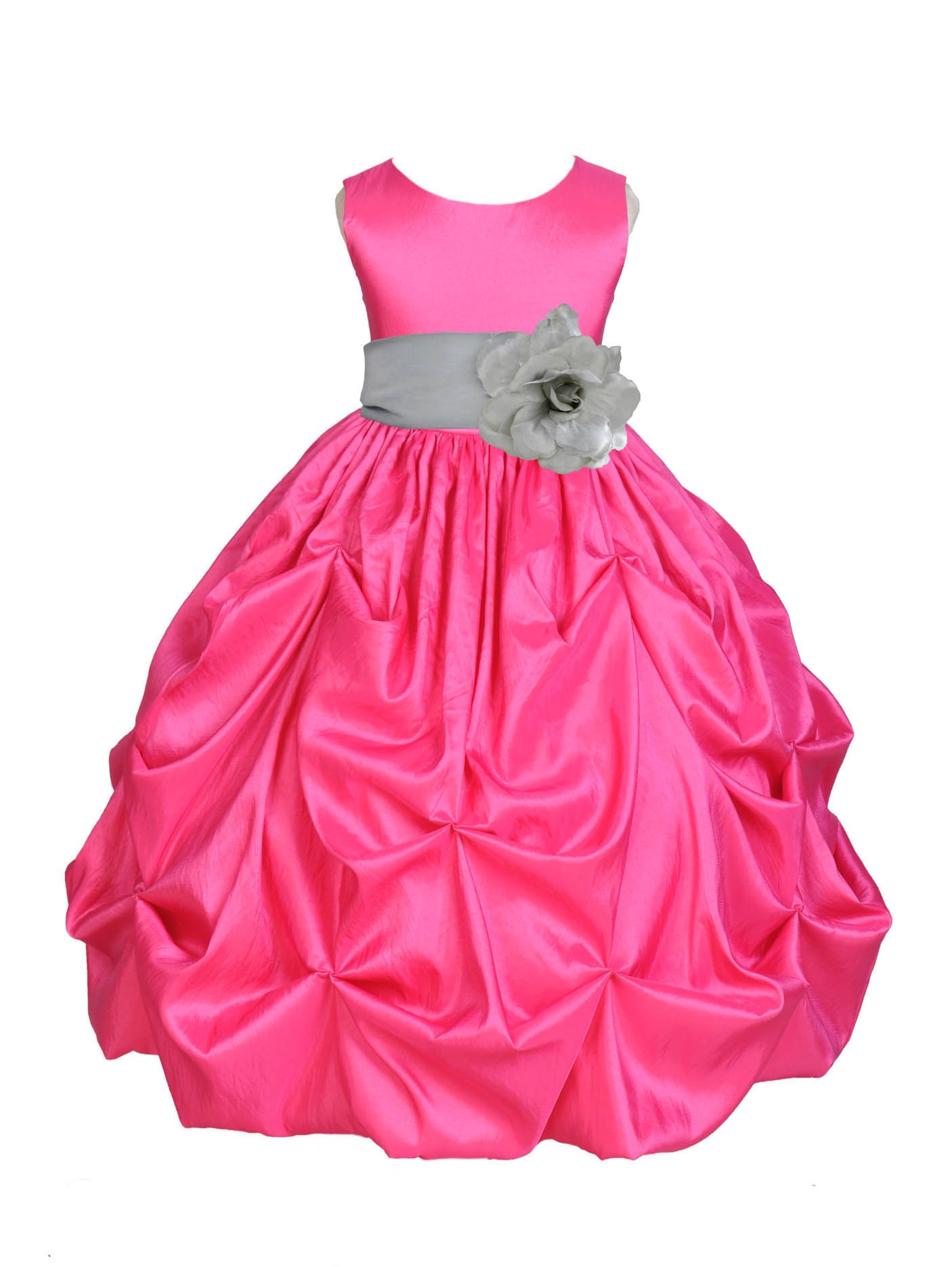 Fuchsia/Silver Satin Taffeta Pick-Up Bubble Flower Girl Dress 301S