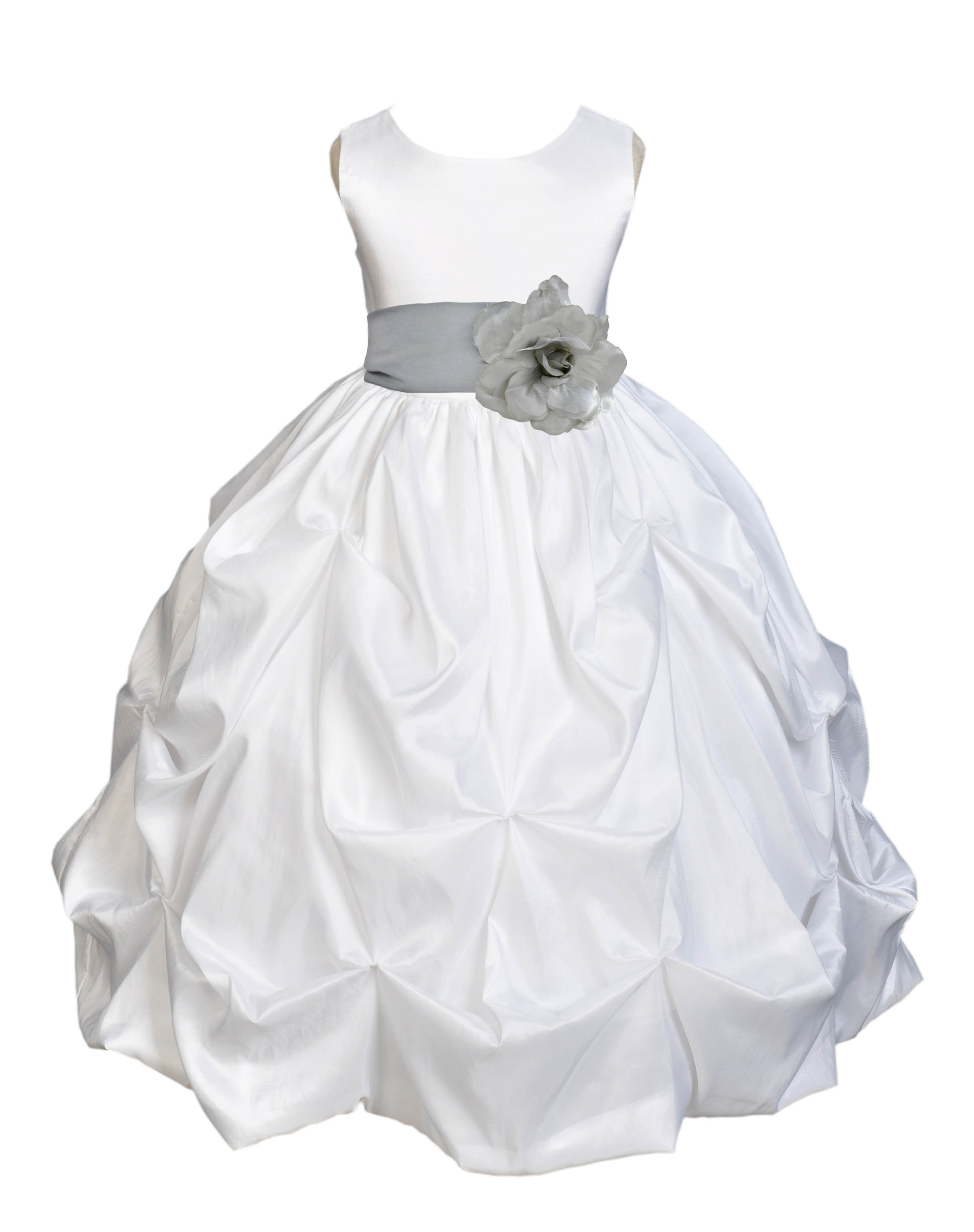 White/Silver Satin Taffeta Pick-Up Bubble Flower Girl Dress 301S
