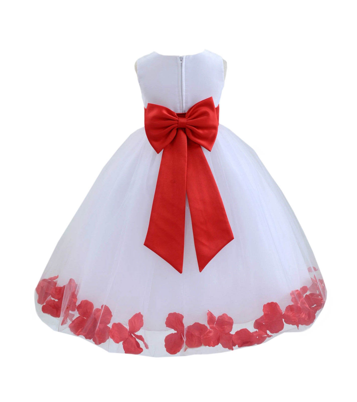 White/Red Tulle Rose Petals Flower Girl Dress Ceremonial 302a