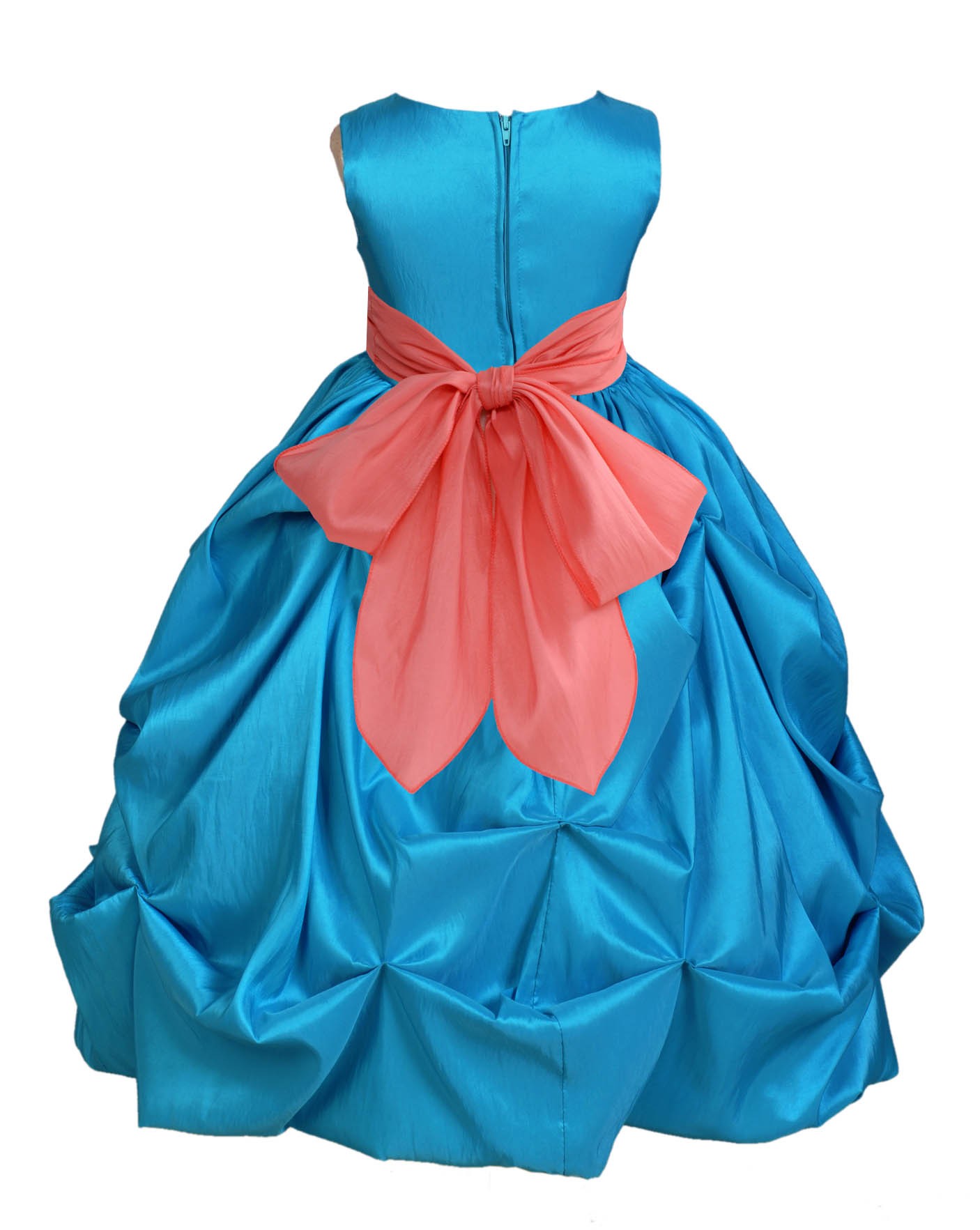 Turquoise/Coral Satin Taffeta Pick-Up Bubble Flower Girl Dress 301S