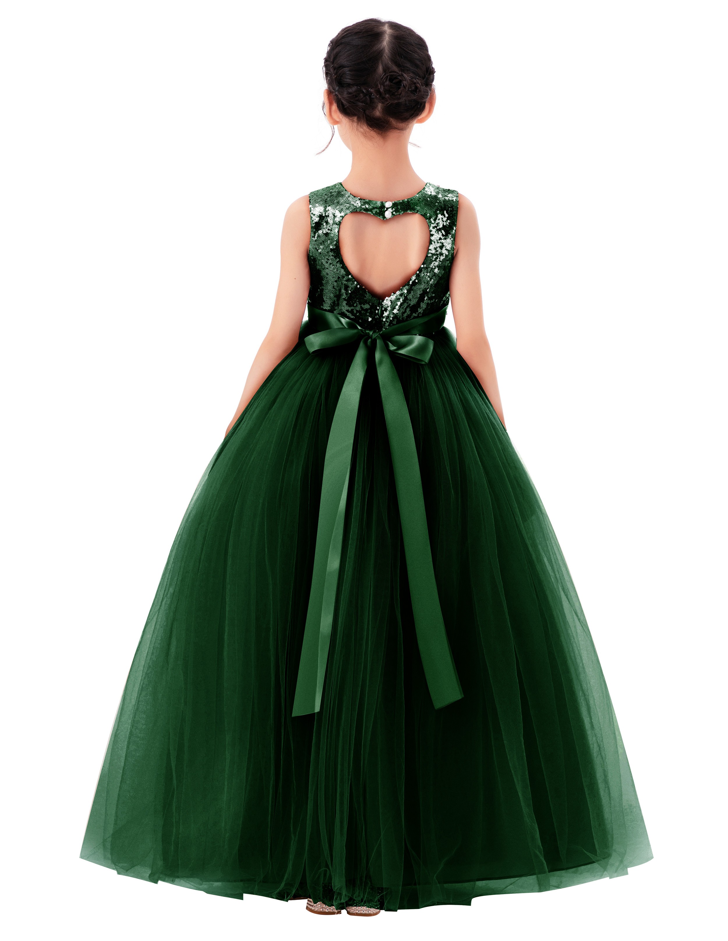 Forest Green Sequins Flower Girl Dress with Heart Cutout SH2