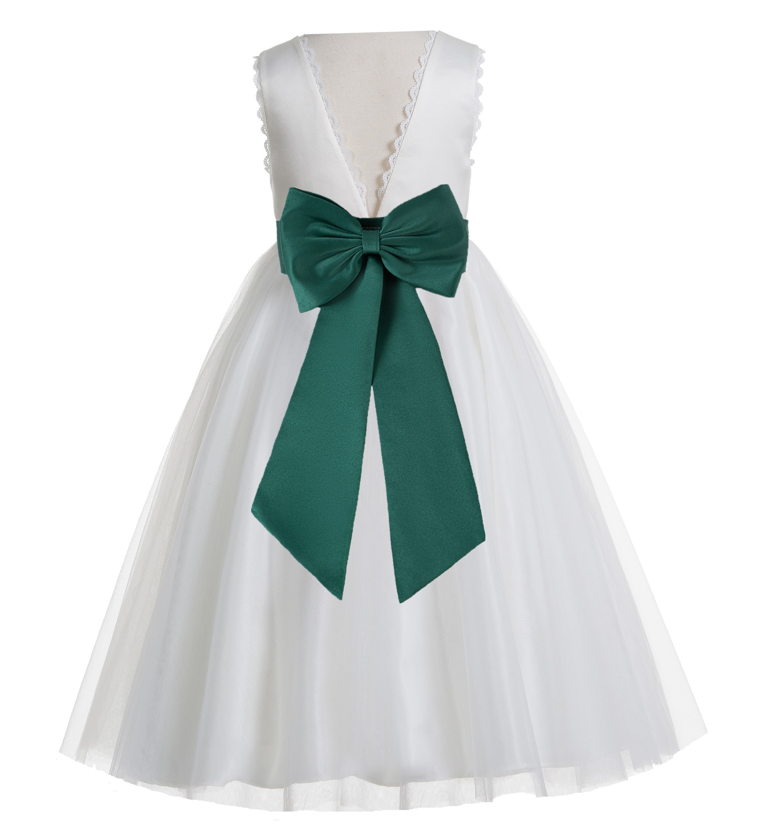 Ivory / Forest Green V-Back Lace Edge Flower Girl Dress 183T