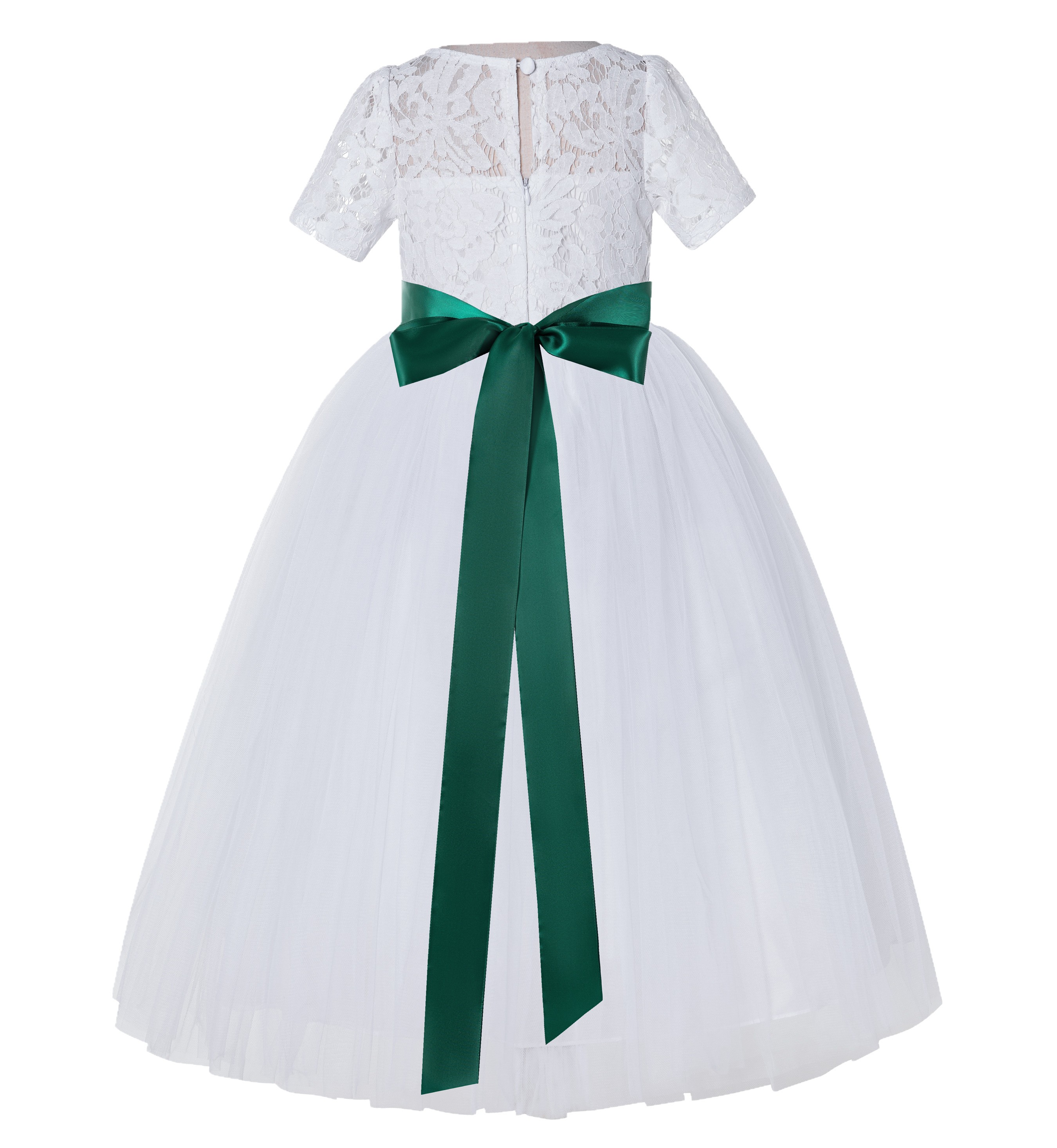 White / Forest Green Floral Lace Flower Girl Dress Vintage Dress LG2