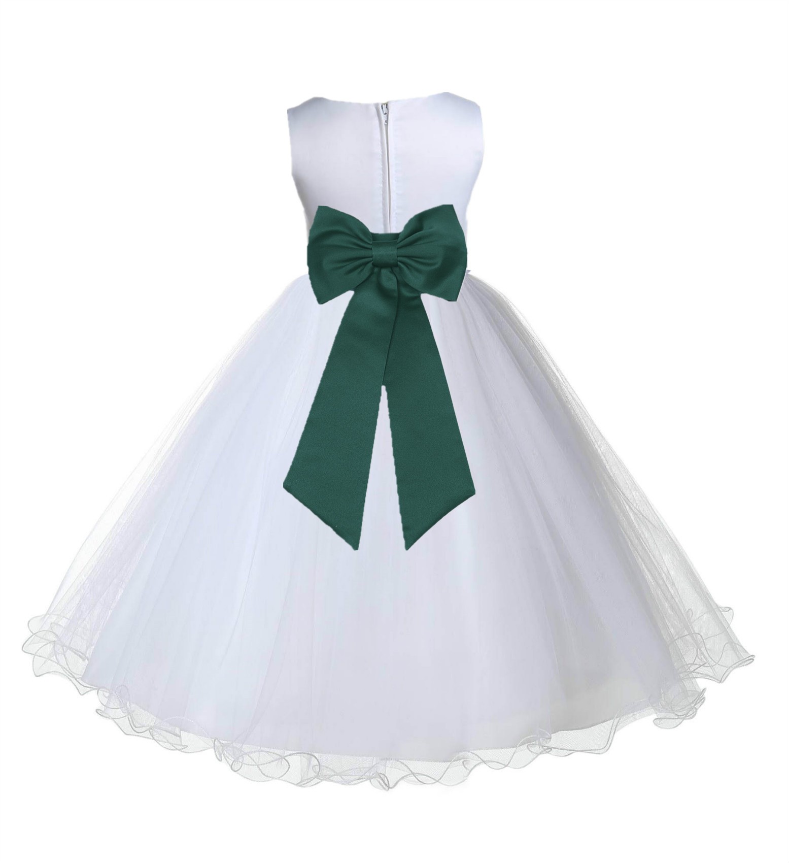 White / Forest Green Tulle Rattail Edge Flower Girl Dress Wedding Bridesmaid 829T