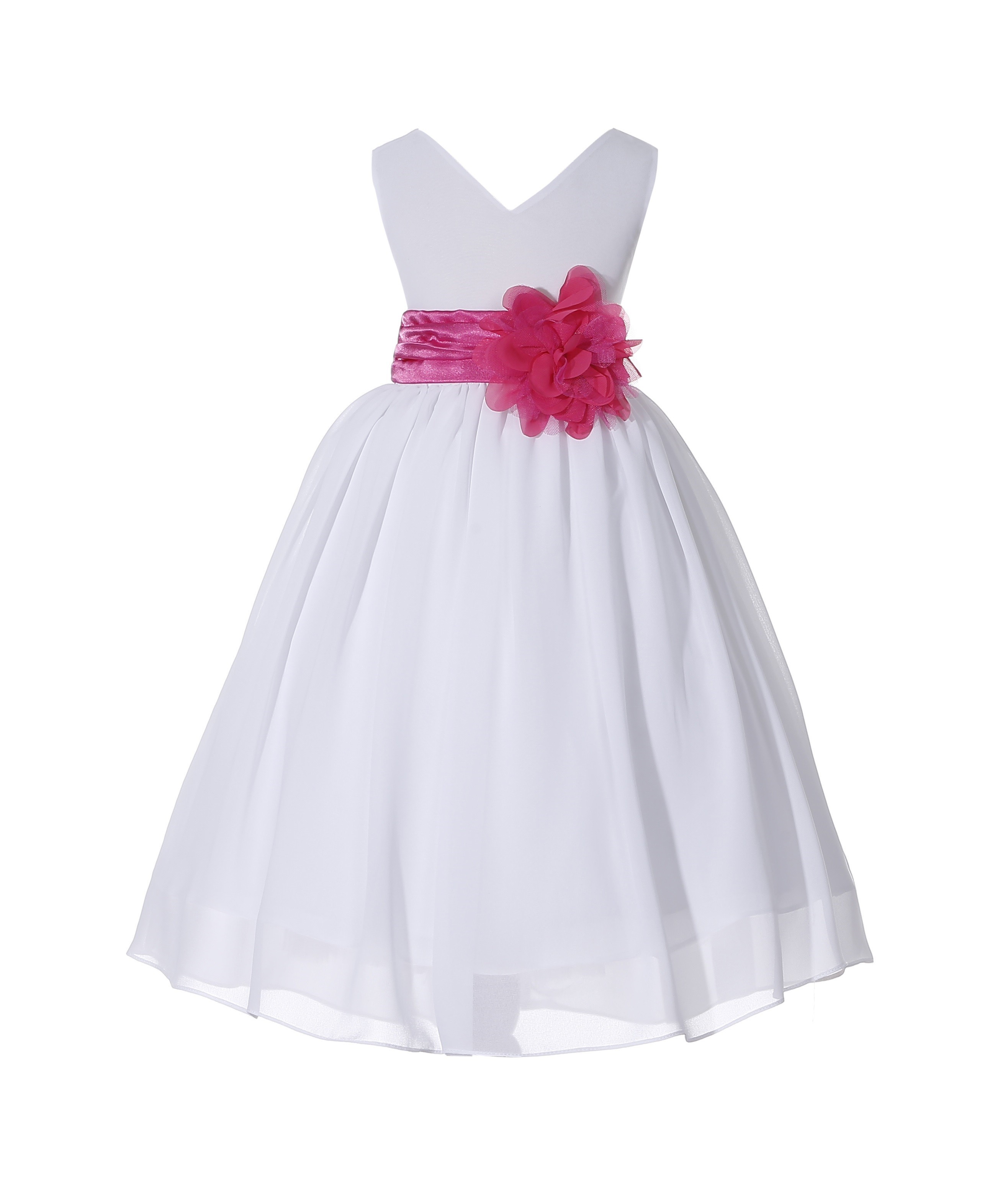 White/Fuchsia V-Neck Yoryu Chiffon Flower Girl Dress Wedding 503NF
