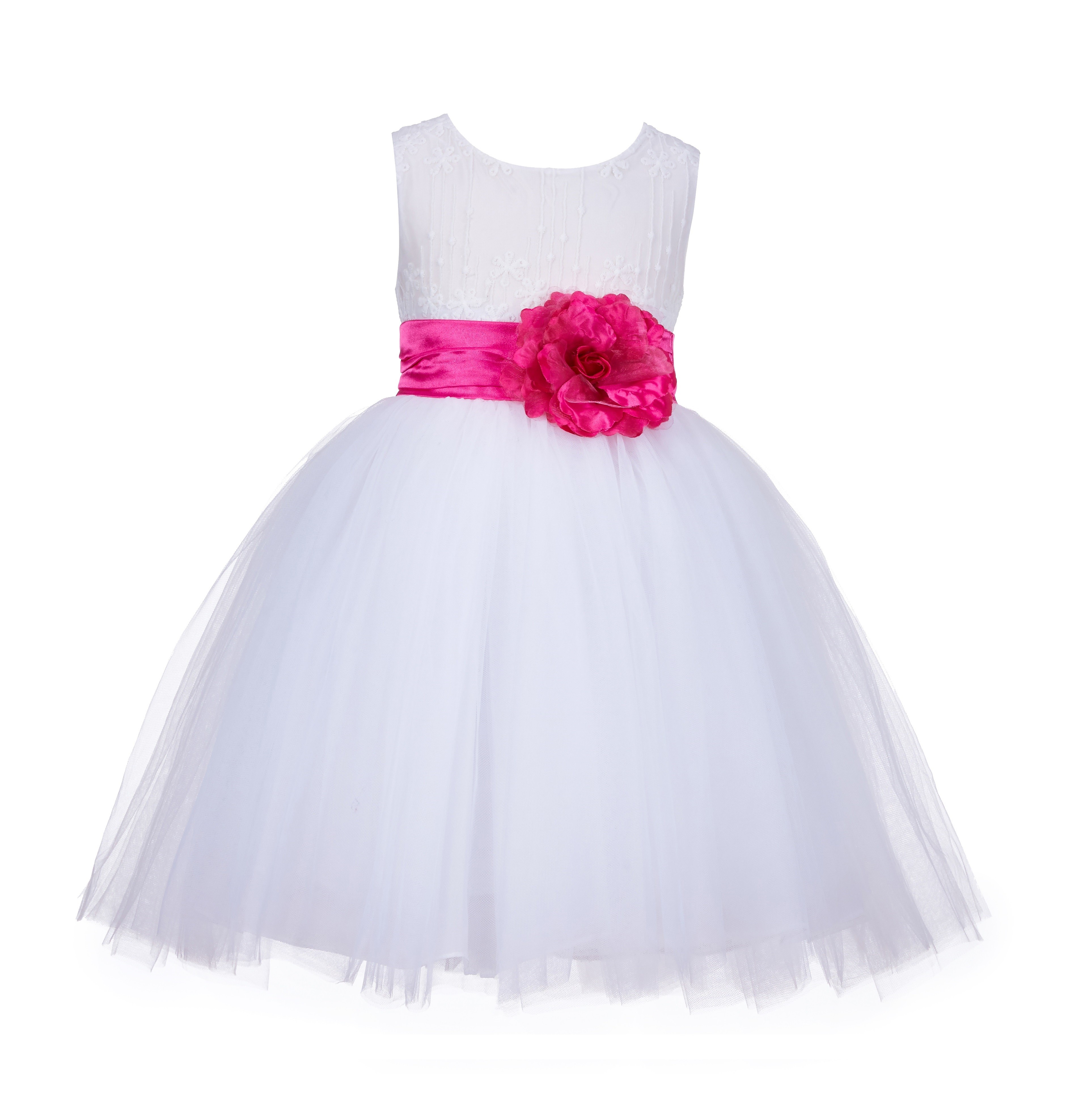 White/Fuchsia Lace Embroidery Tulle Flower Girl Dress Wedding 118