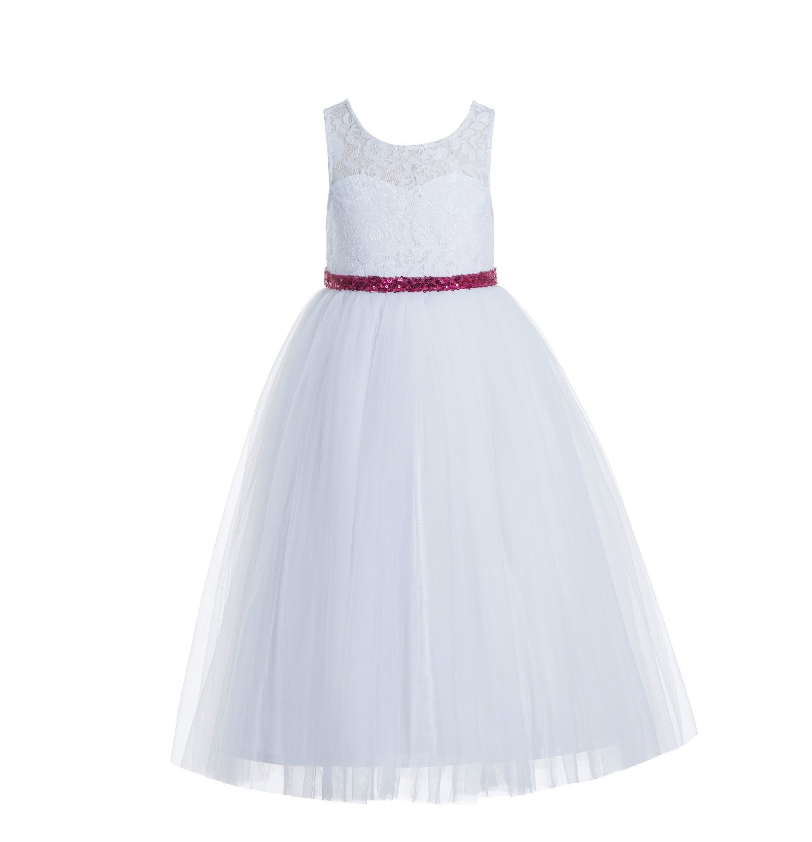 White / Fuchsia Pink Lace Tulle Scoop Neck Keyhole Back A-Line Flower Girl Dress 178