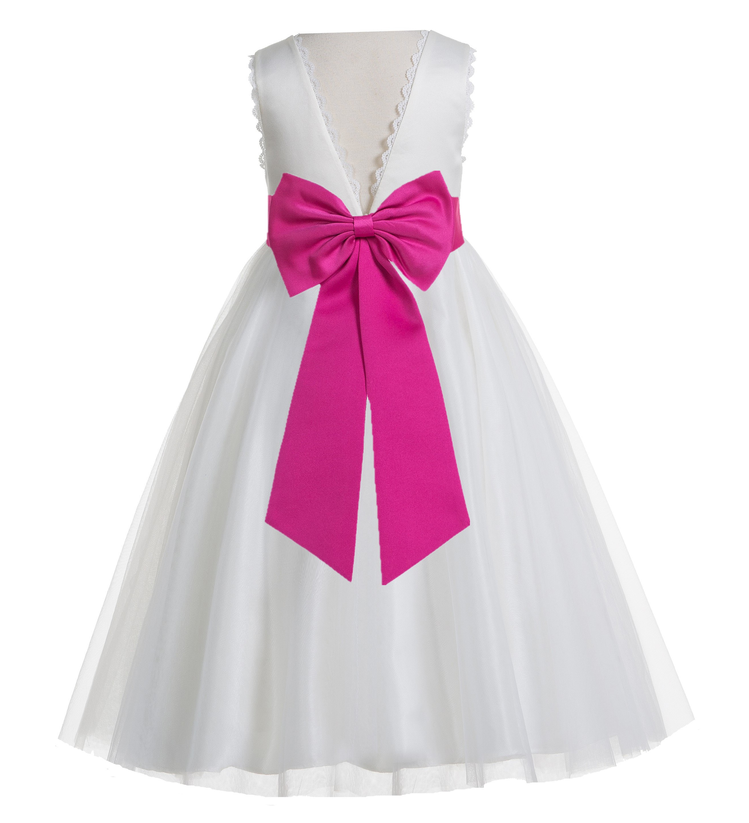 Ivory / Fuchsia Pink V-Back Lace Edge Flower Girl Dress 183T