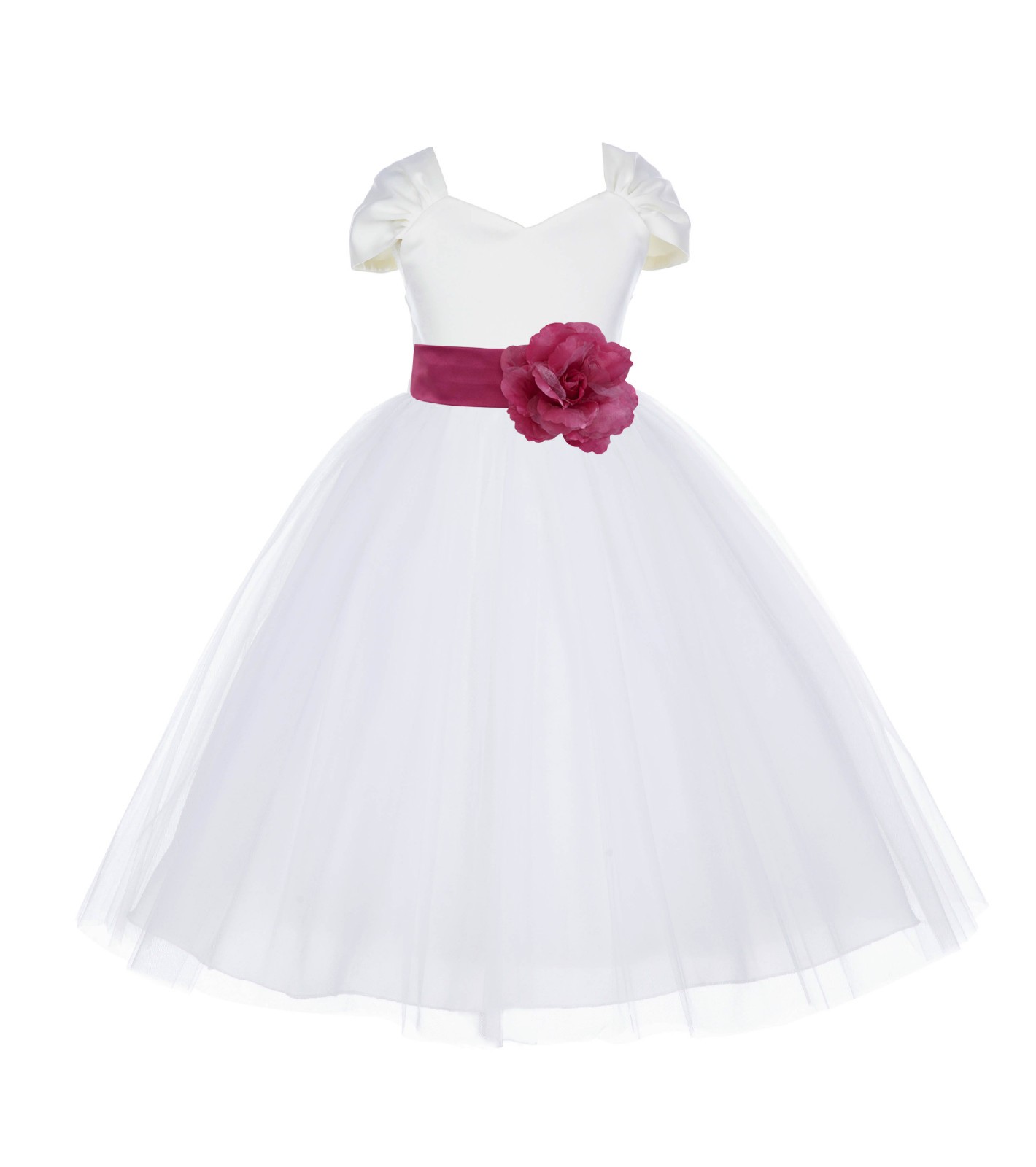 Ivory/Fuchsia V-shaped Neckline Short Sleeves Tulle Flower Girl Dress 154S