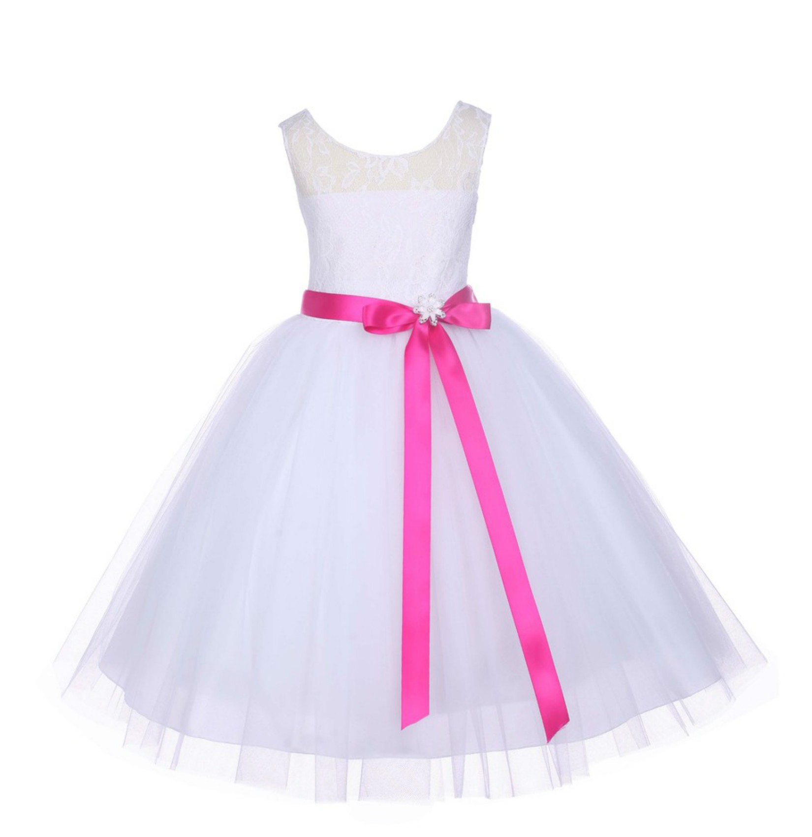 White Floral Lace Bodice Tulle Fuchsia Ribbon Flower Girl Dress 153R