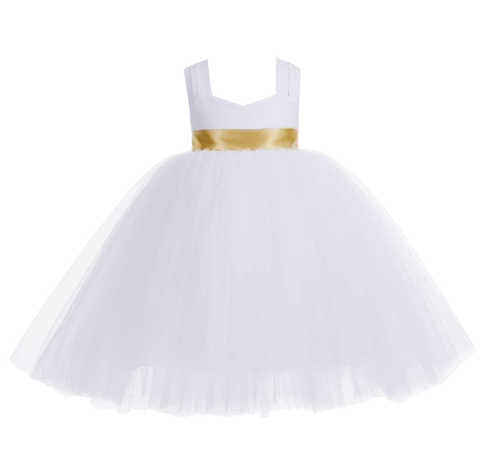 White / Gold Sweetheart Neck Cotton Top Tutu Flower Girl Dress 171R