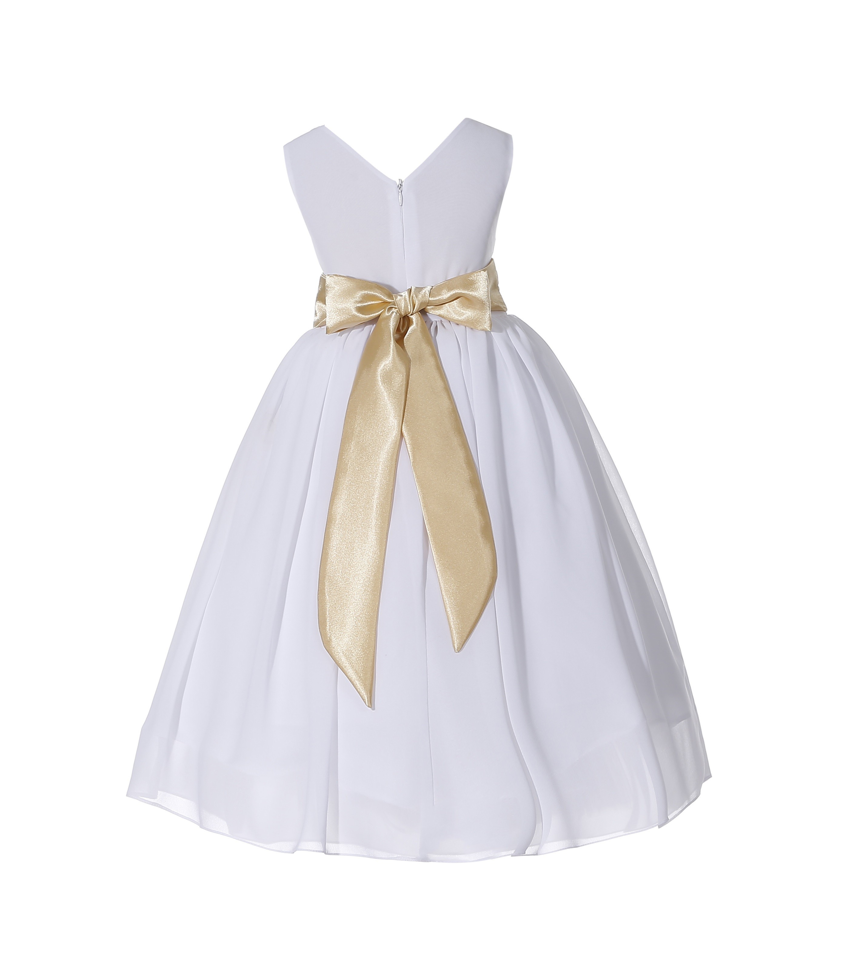 White/Gold V-Neck Yoryu Chiffon Flower Girl Dress Wedding 503NF