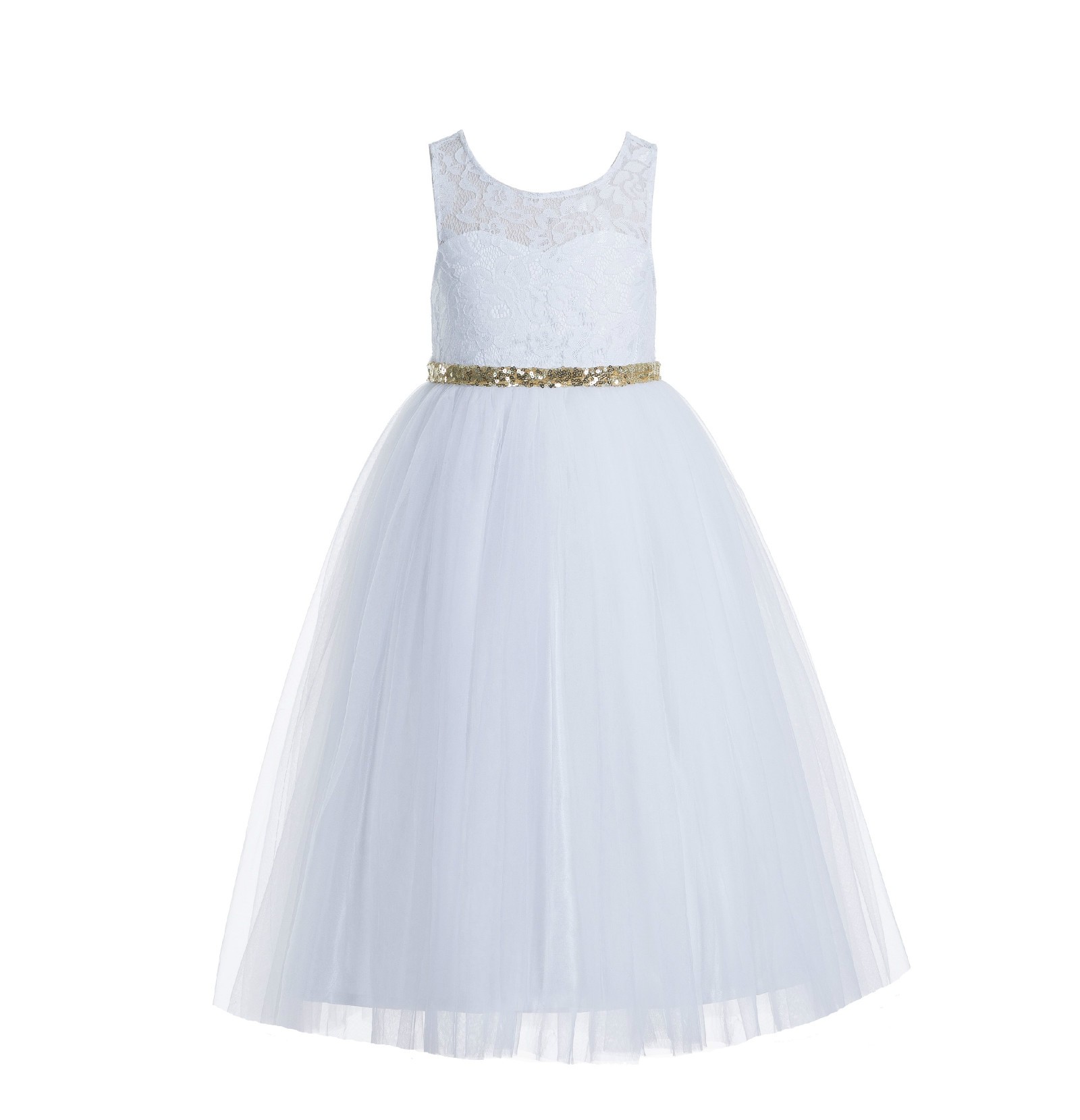 White / Gold Lace Tulle Scoop Neck Keyhole Back A-Line Flower Girl Dress 178