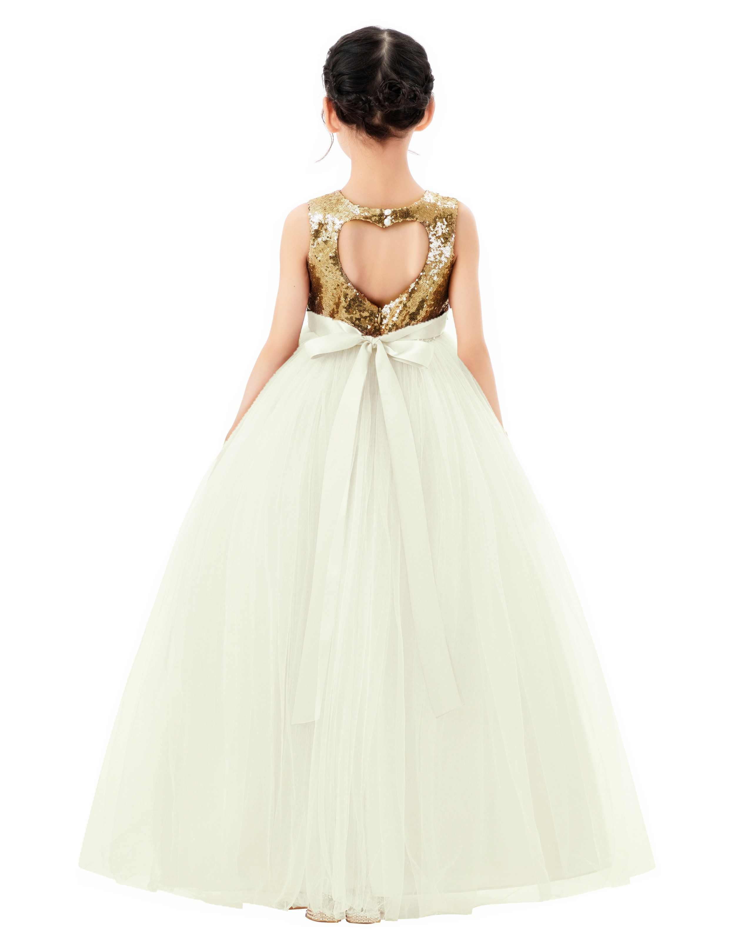 Gold / Ivory Sequins Flower Girl Dress with Heart Cutout SH2