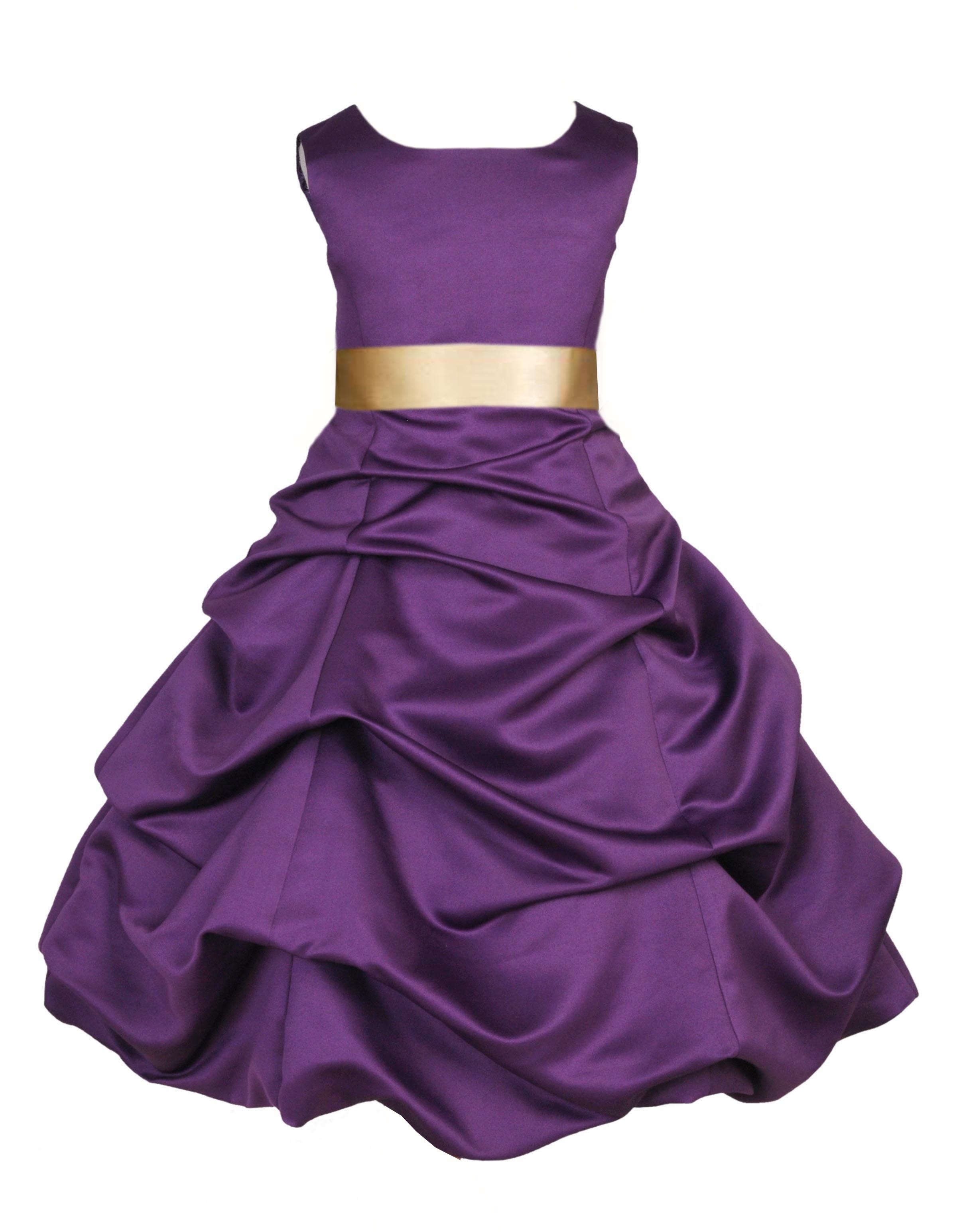 Purple/Gold Satin Pick-Up Bubble Flower Girl Dress Easter 806S