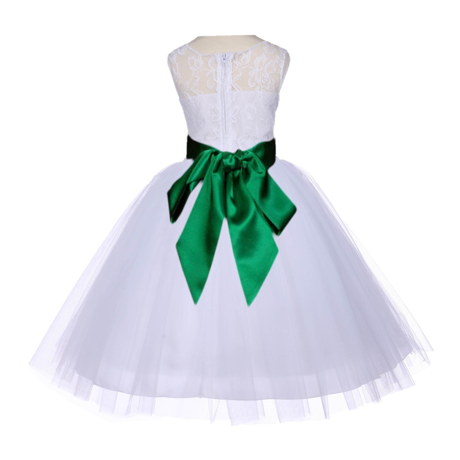 White/Green Floral Lace Bodice Tulle Flower Girl Dress Wedding 153S