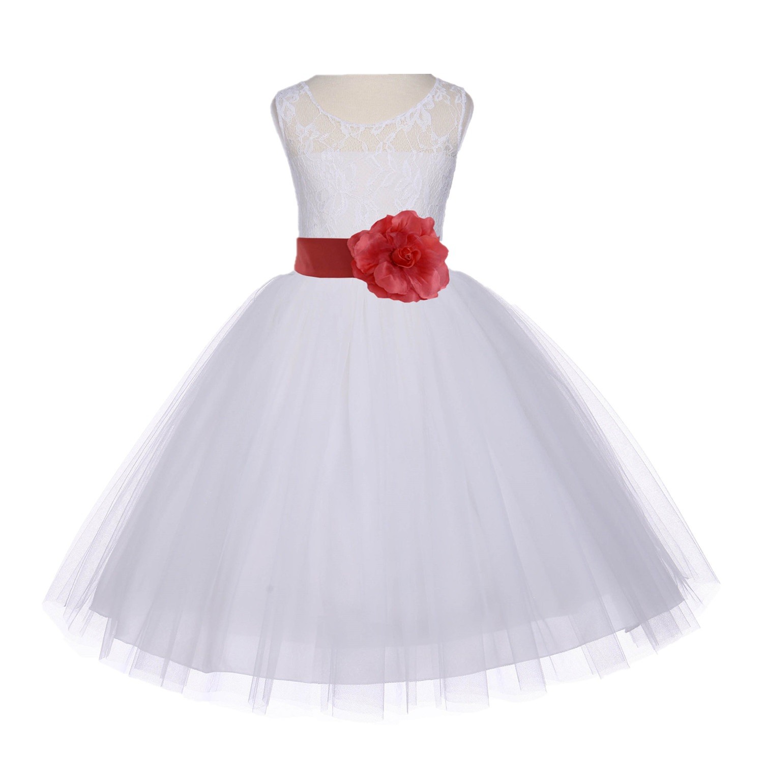 Ivory/Guava Floral Lace Bodice Tulle Flower Girl Dress Bridesmaid 153S
