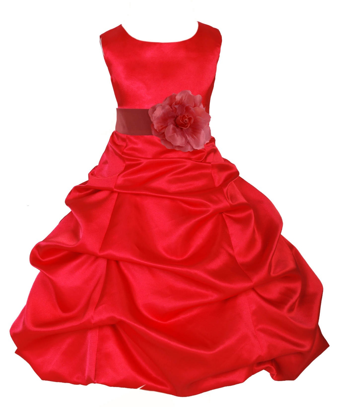 Red/Guava Satin Pick-Up Bubble Flower Girl Dress Christmas 808T