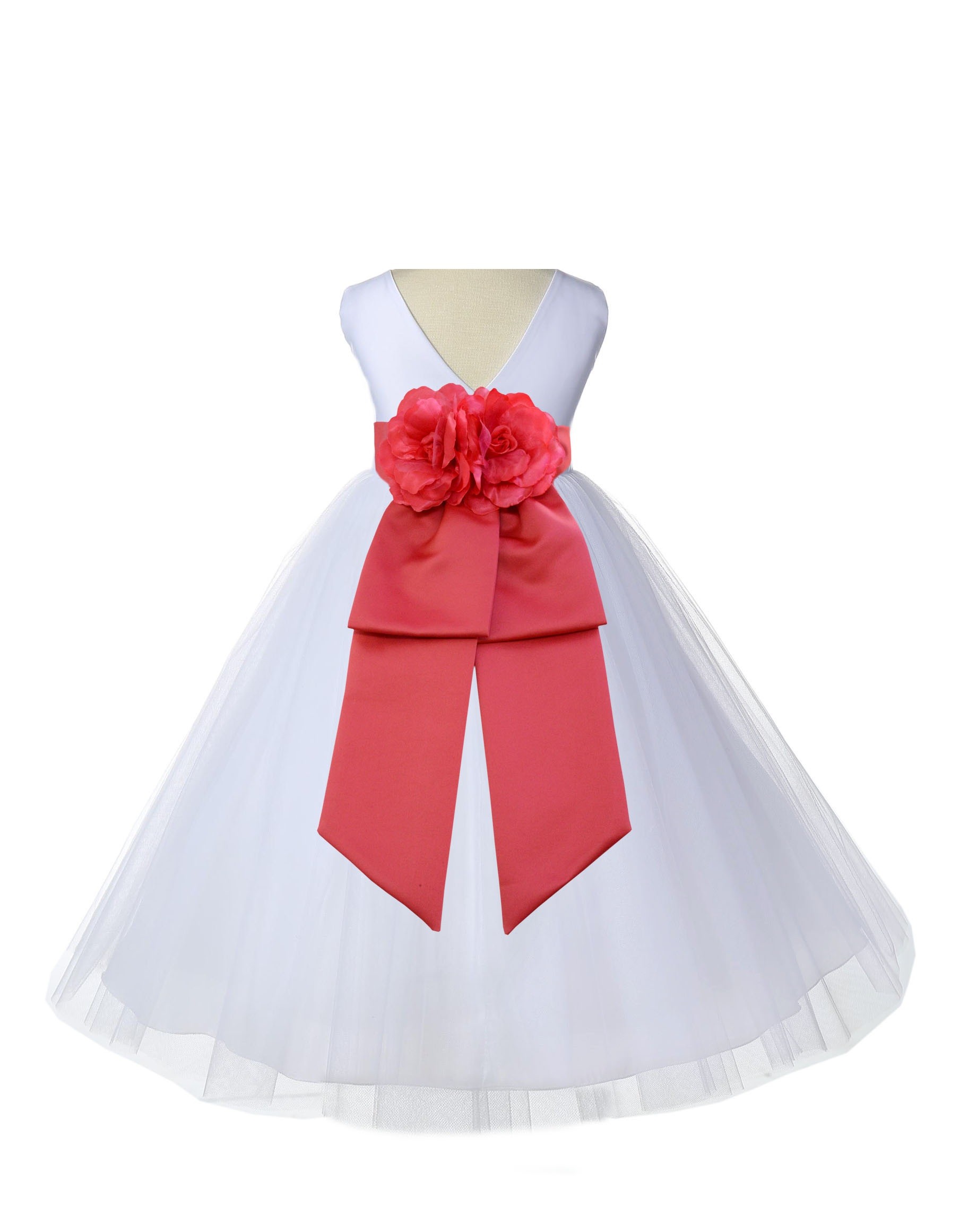V-Neck Tulle White/Guava Flower Girl Dress Wedding Pageant 108