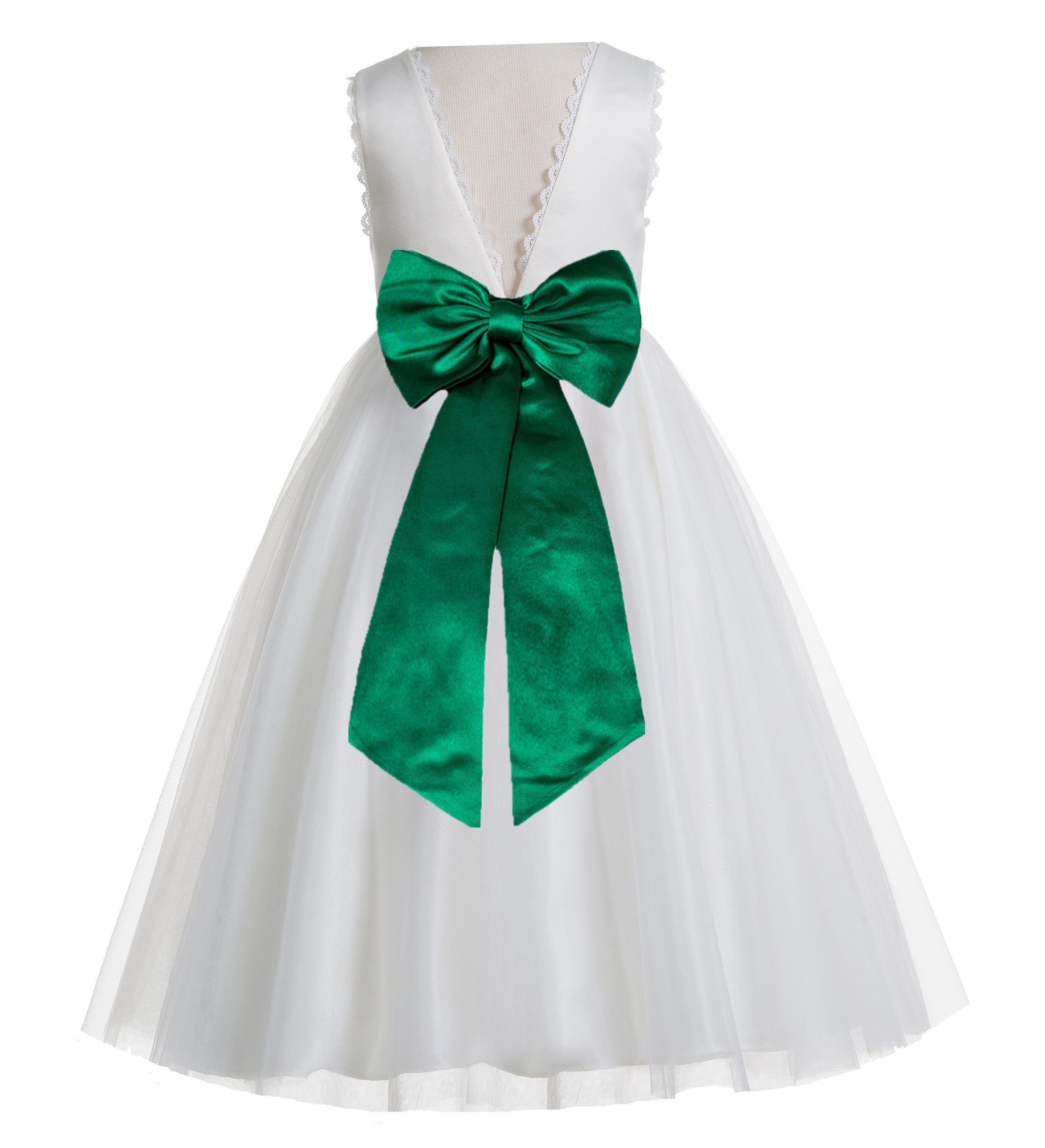 Ivory / Hunter Green V-Back Lace Edge Flower Girl Dress 183T