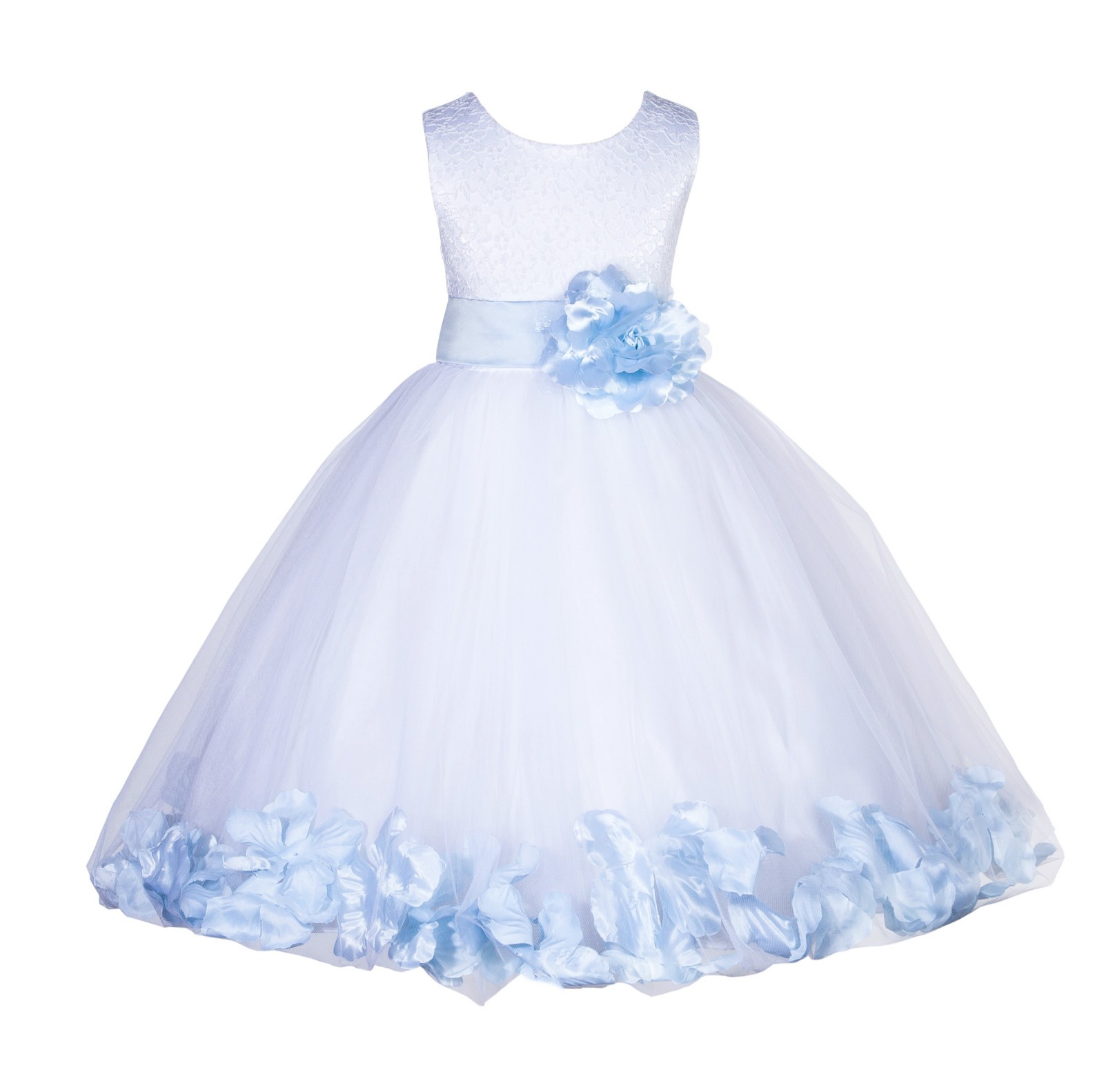 White/Ice Blue Lace Top Tulle Floral Petals Flower Girl Dress 165S