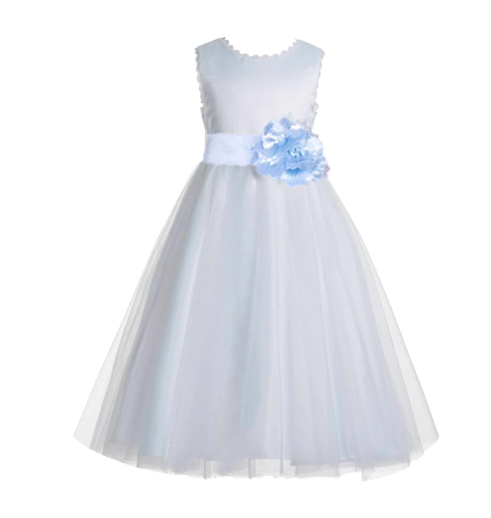 White / Ice Blue V-Back Lace Edge Flower Girl Dress 183T