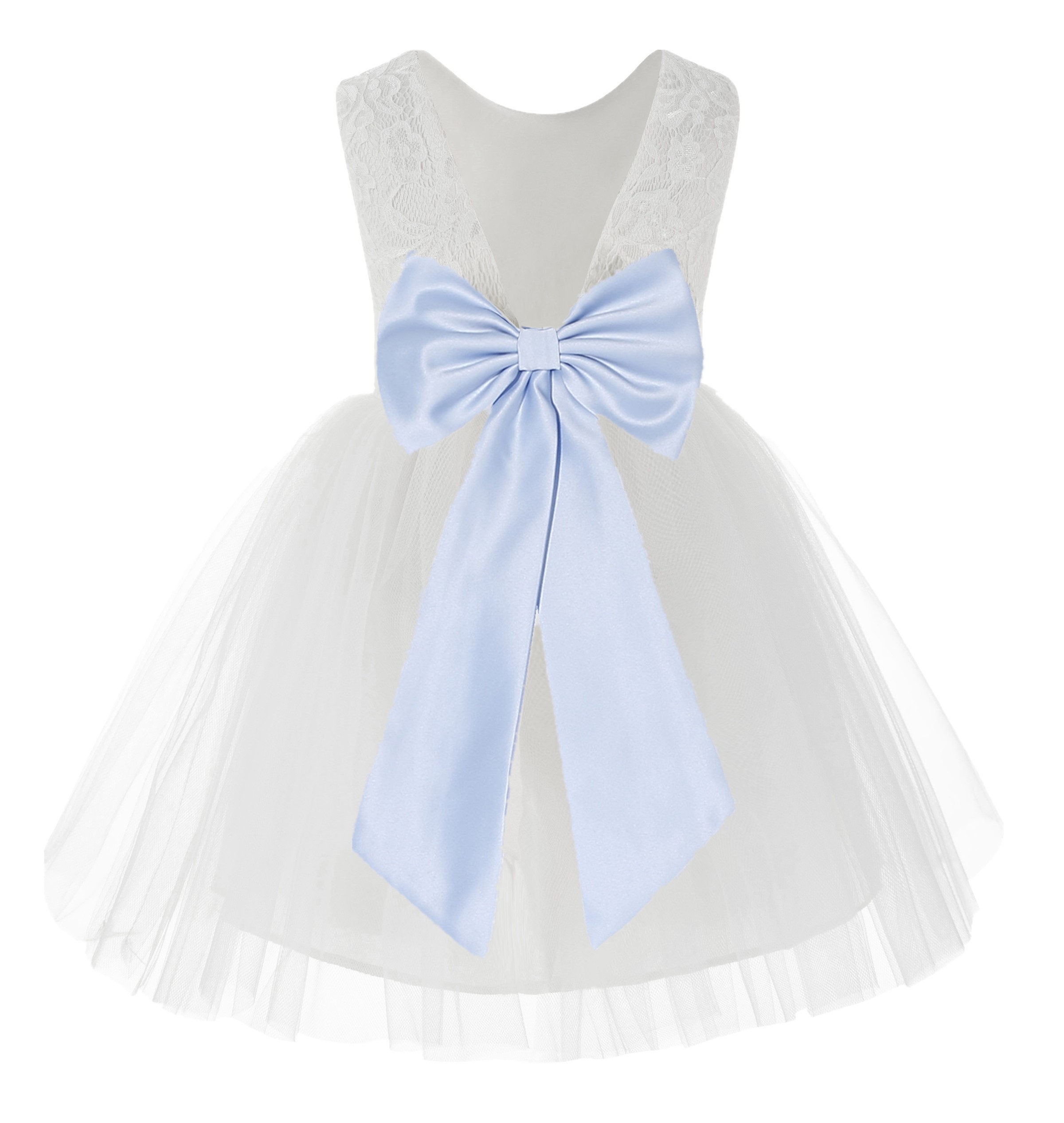 White / Ice Blue Flower Backless Lace Flower Girl Dress V-Back 206T