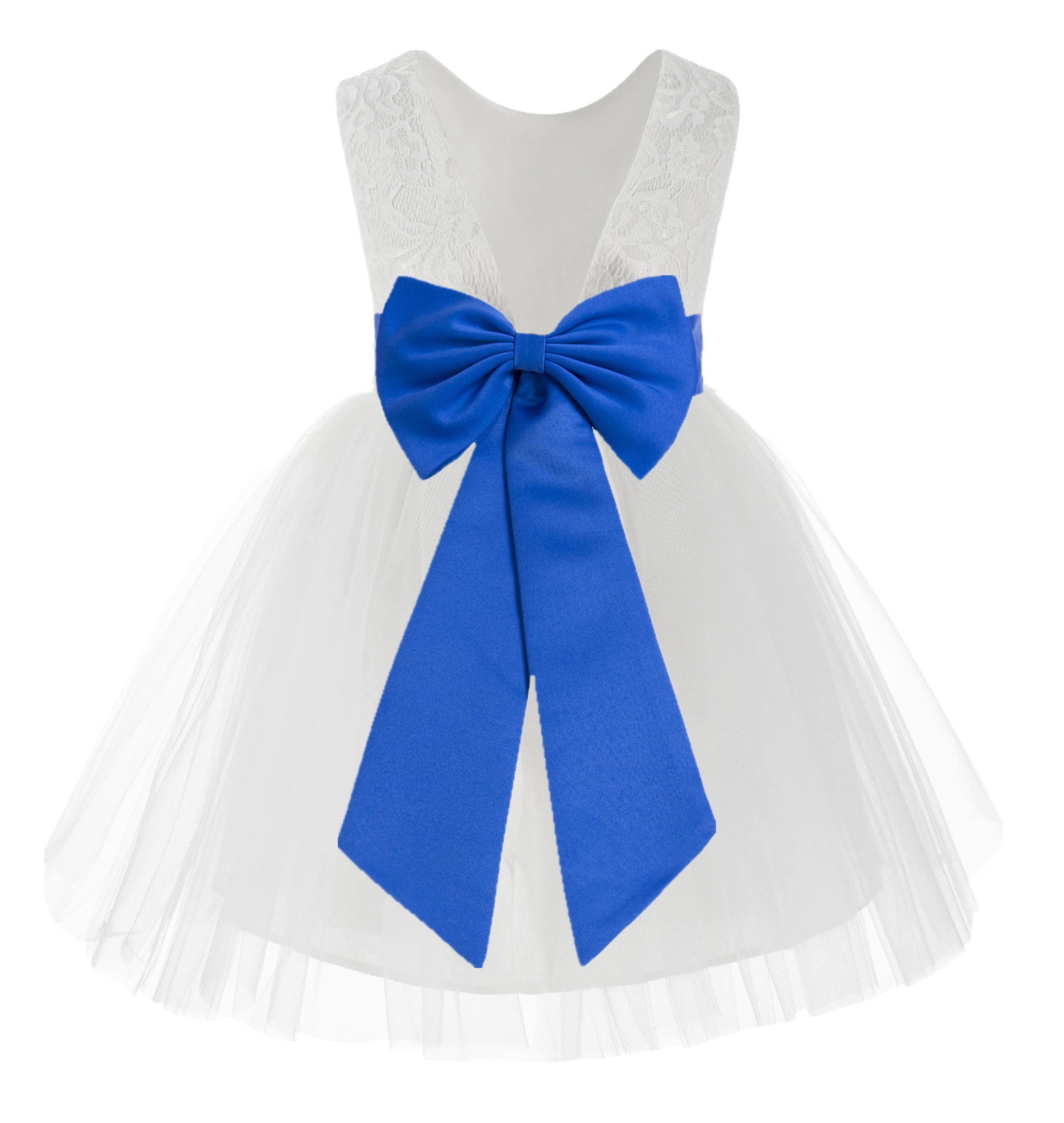 White / Royal Blue Flower Backless Lace Flower Girl Dress V-Back 206T