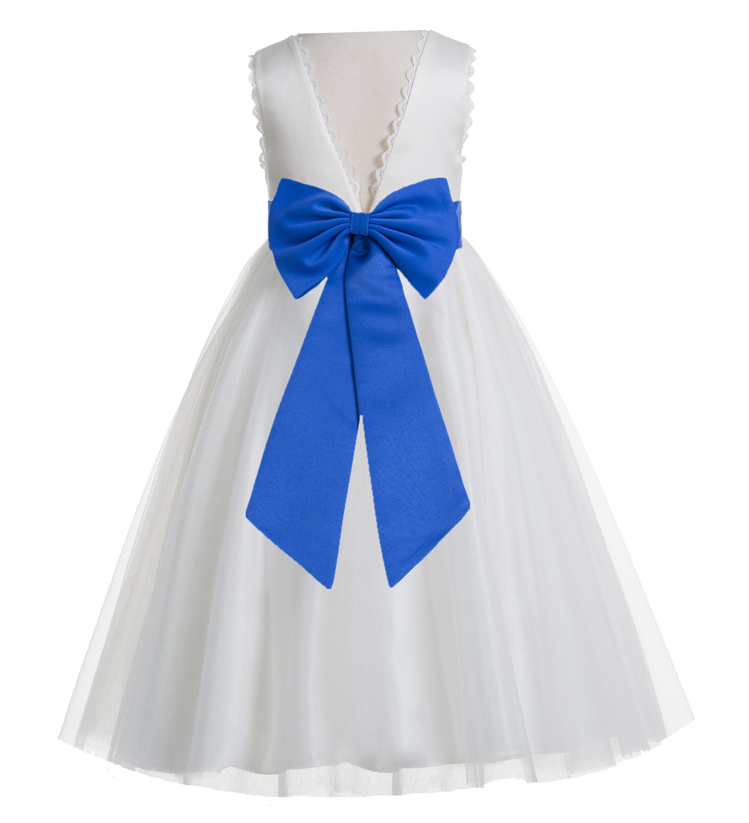 Ivory / Royal Blue V-Back Lace Edge Flower Girl Dress 183T
