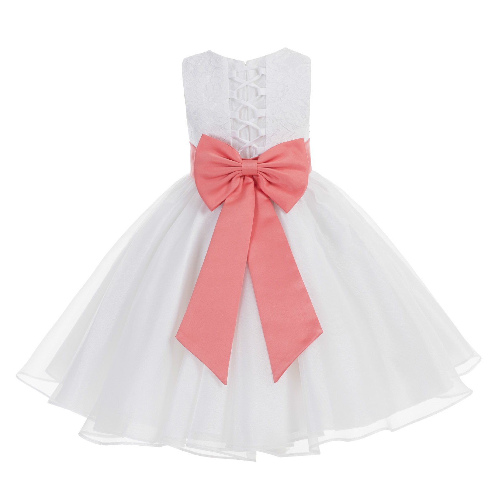 White / Coral Lace Organza Flower Girl Dress 186T