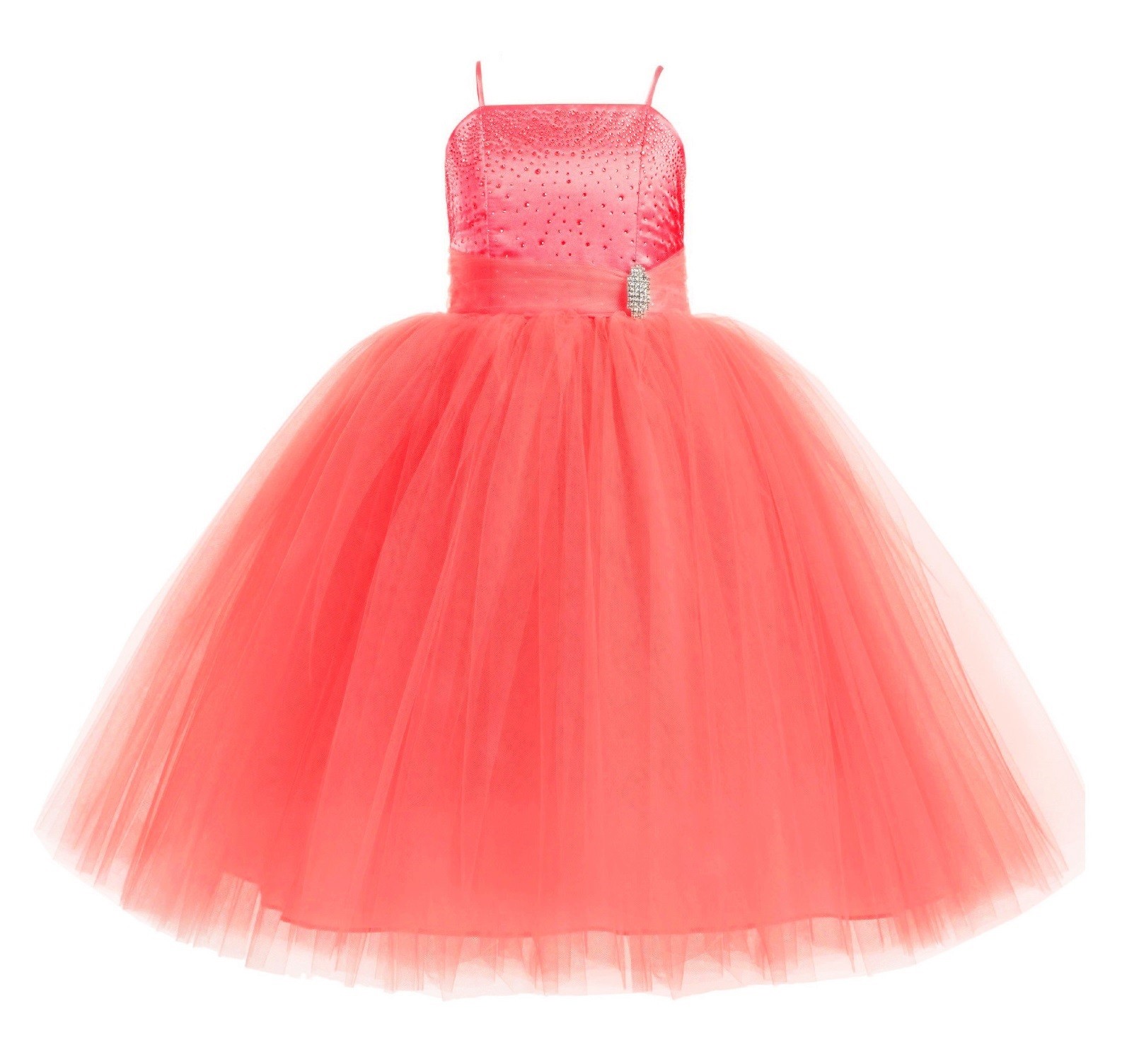 Coral Tulle Rhinestone Tulle Dress Flower Girl Ball Gown 189