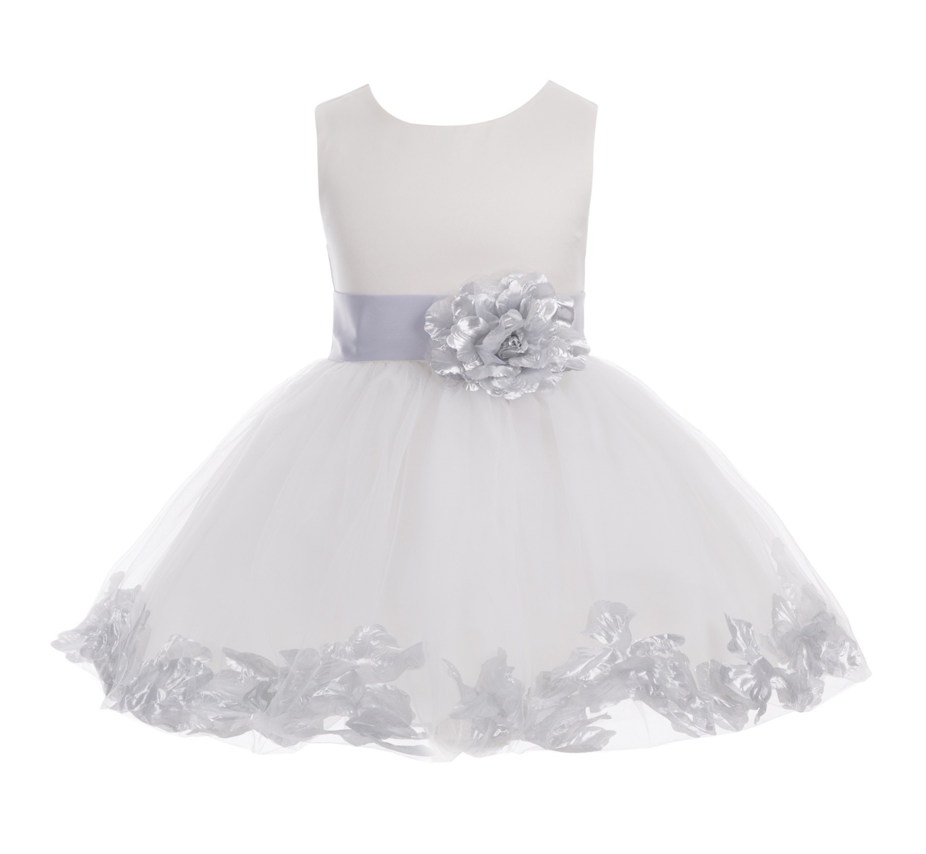 Ivory/Silver Tulle Rose Petals Knee Length Flower Girl Dress 306S