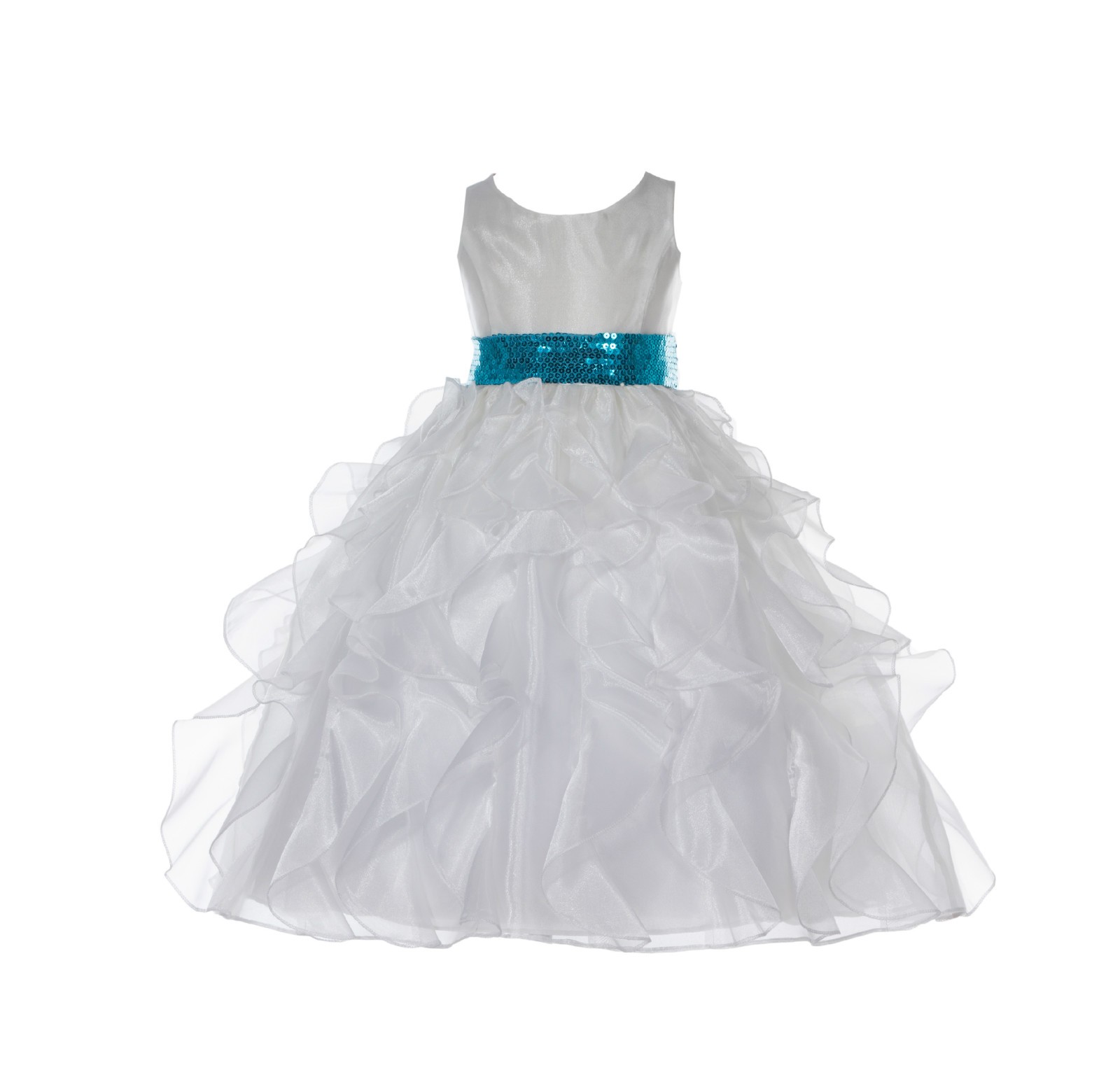 Ivory Ruffled Organza Turquoise Sequin Sash Flower Girl Dress 168mh