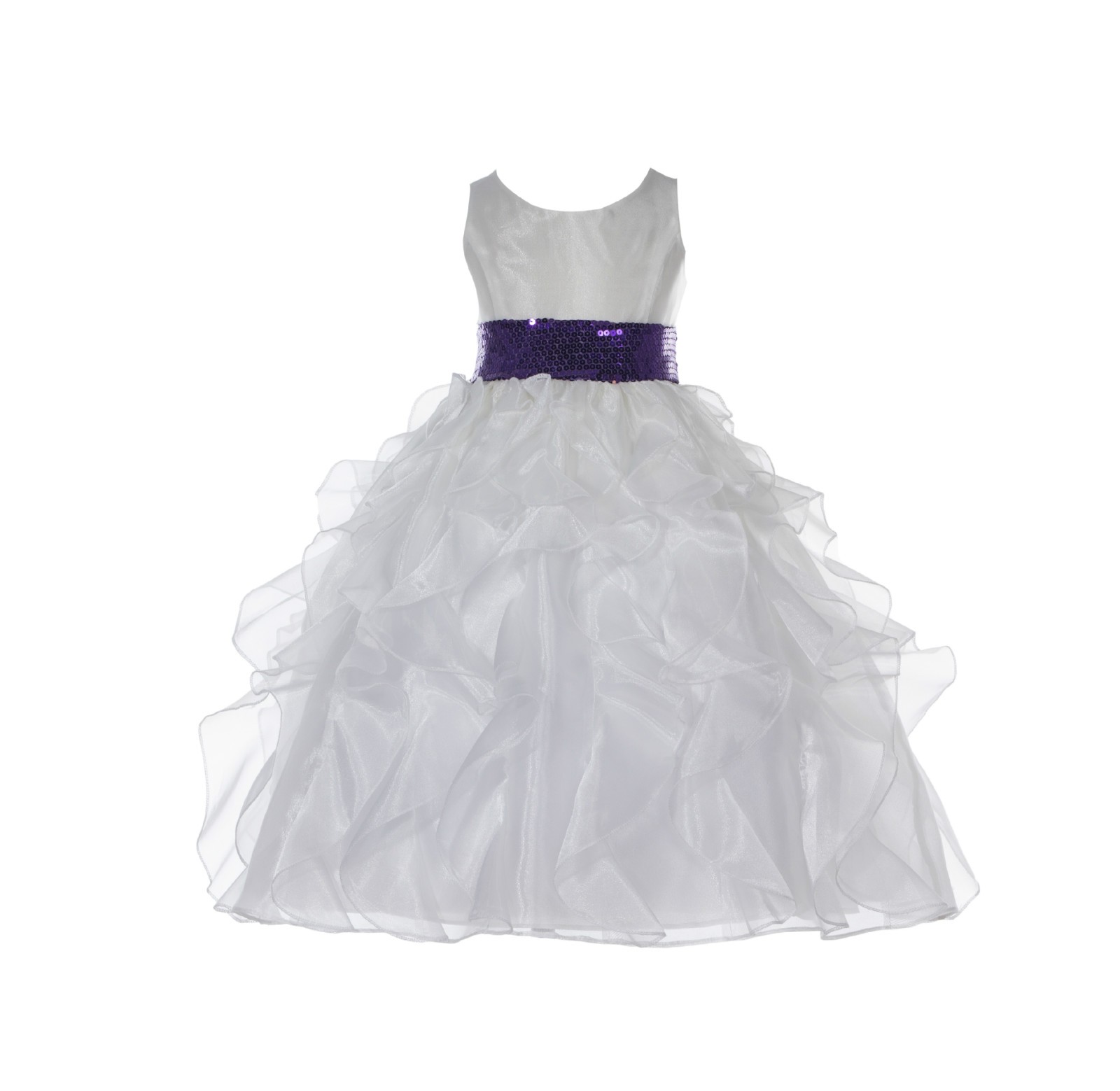 Ivory Ruffled Organza Purple Sequin Sash Flower Girl Dress 168mh