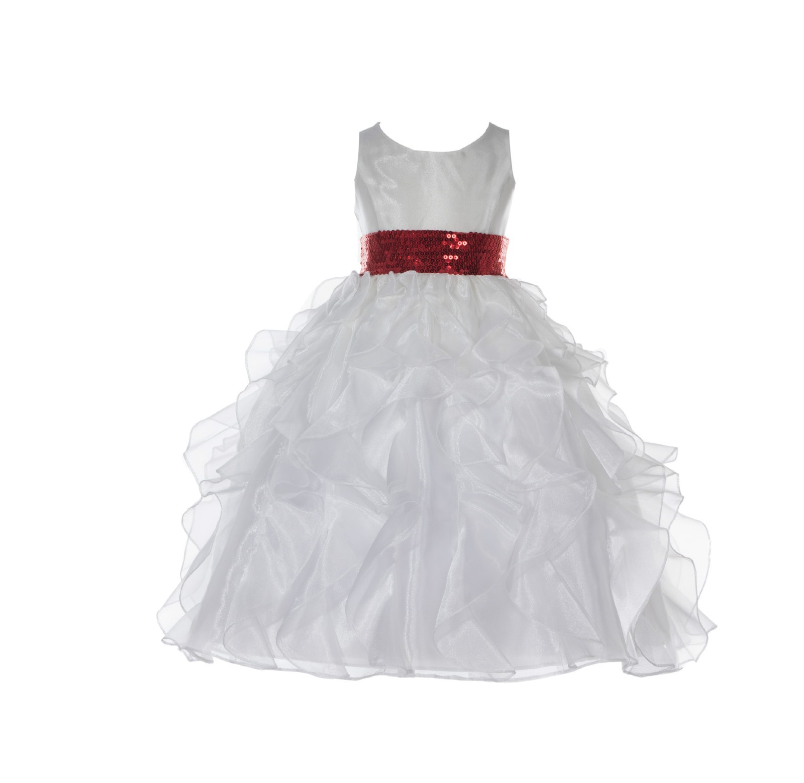 Ivory Ruffled Organza Red Sequin Sash Flower Girl Dress 168mh