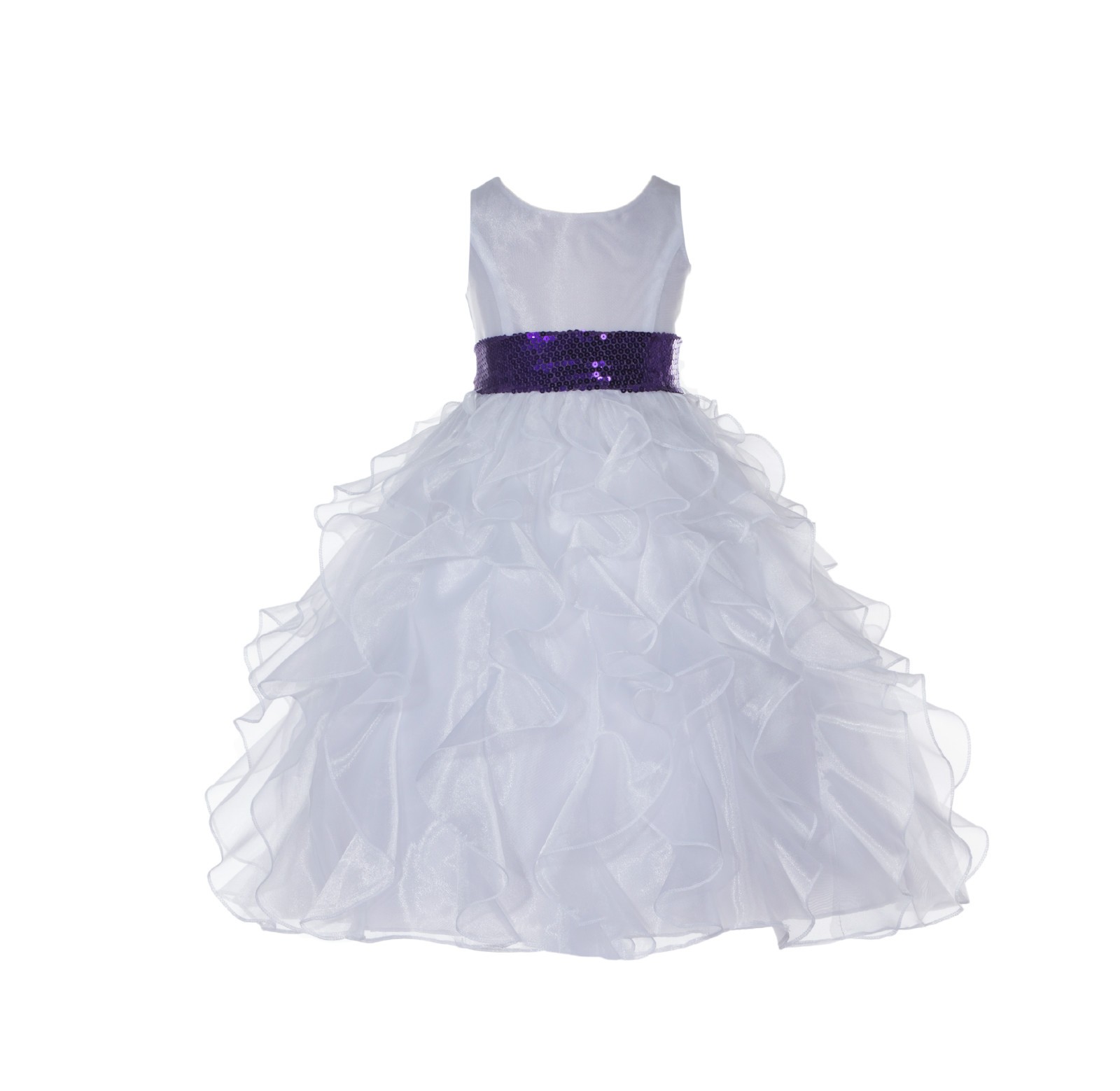 White Ruffled Organza Purple Sequin Sash Flower Girl Dress 168mh
