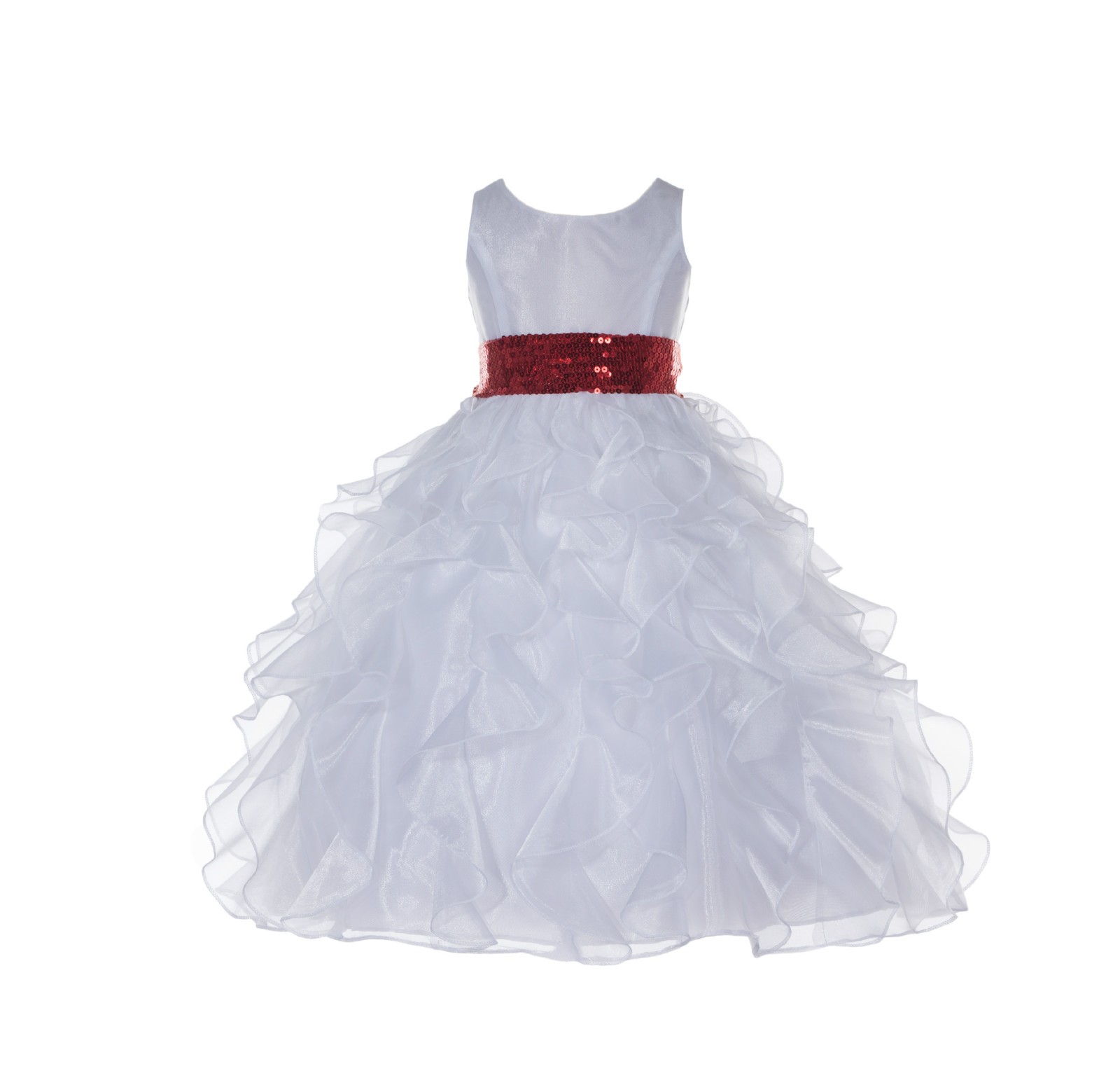 White Ruffled Organza Red Sequin Sash Flower Girl Dress 168mh