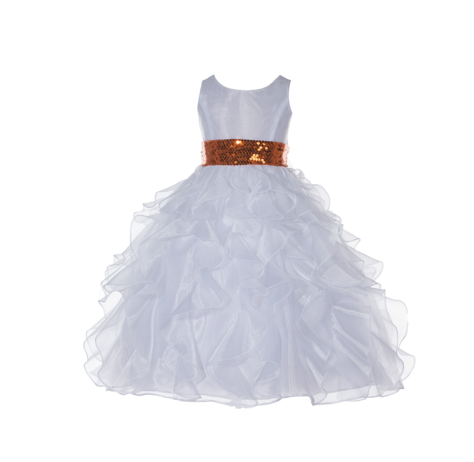 White Ruffled Organza Orange Sequin Sash Flower Girl Dress 168mh