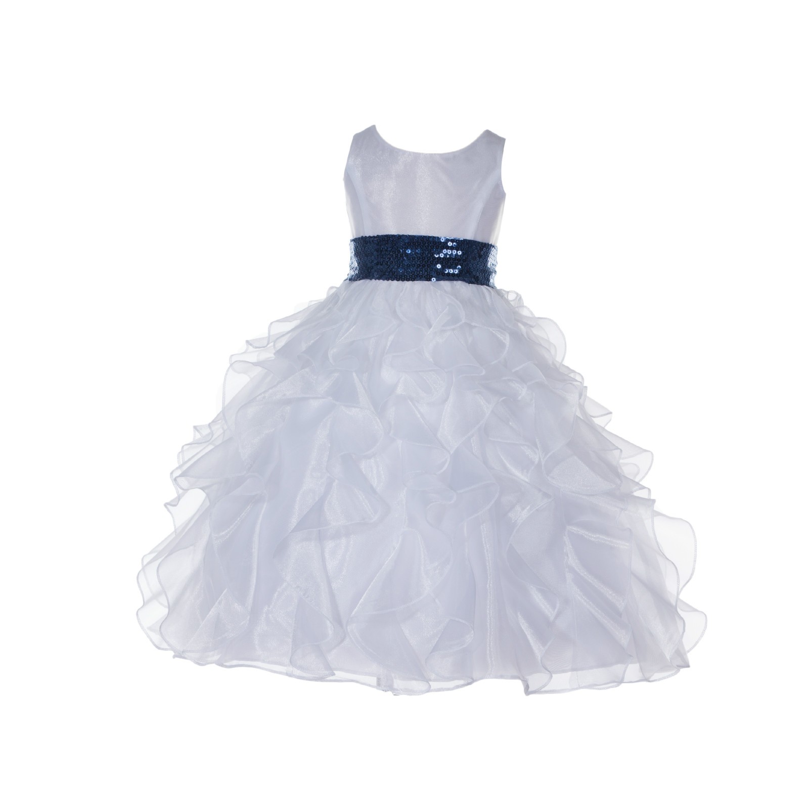 White Ruffled Organza Navy Sequin Sash Flower Girl Dress 168mh