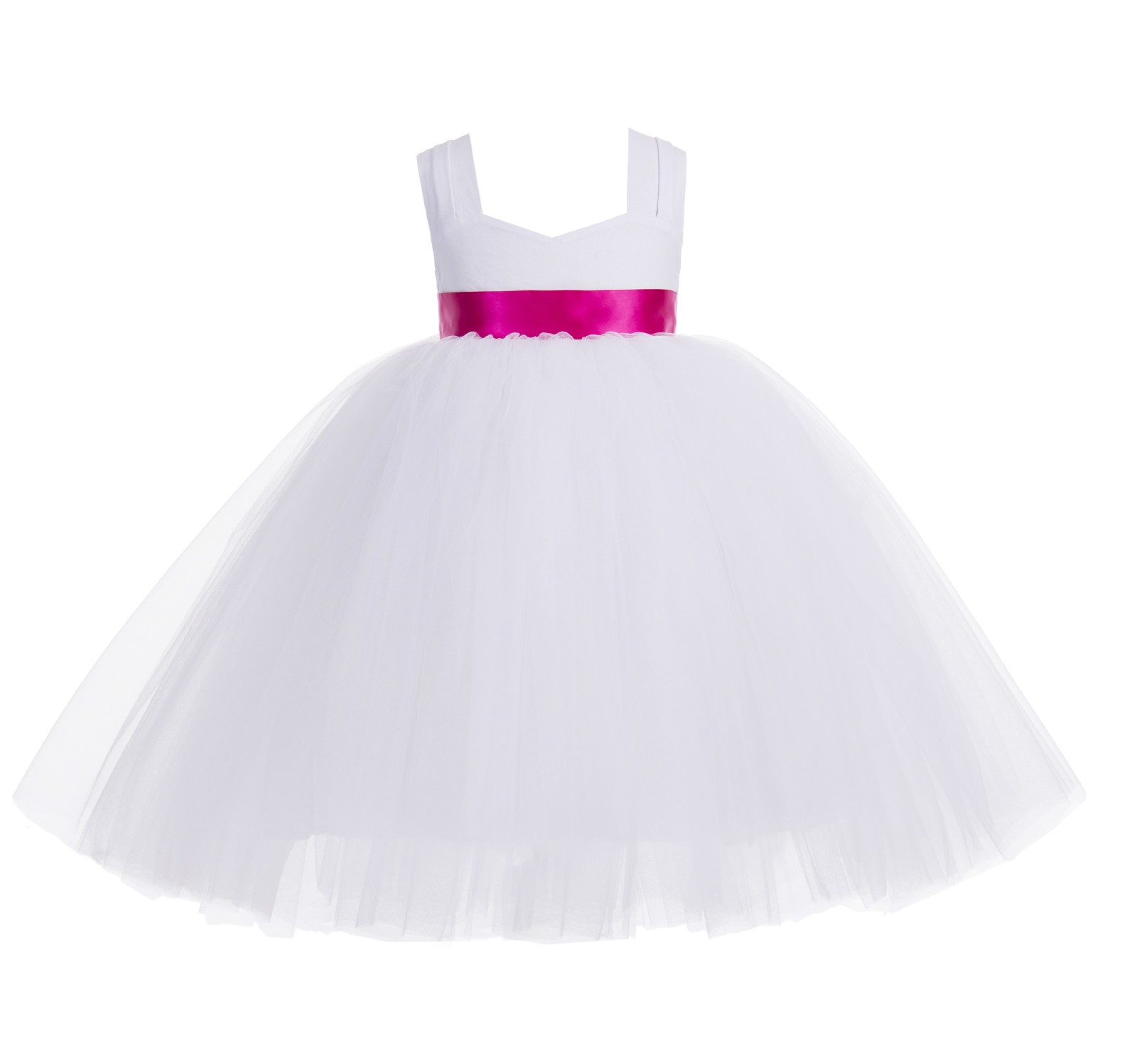 White / Fuchsia Pink Sweetheart Neck Cotton Top Tutu Flower Girl Dress 171R