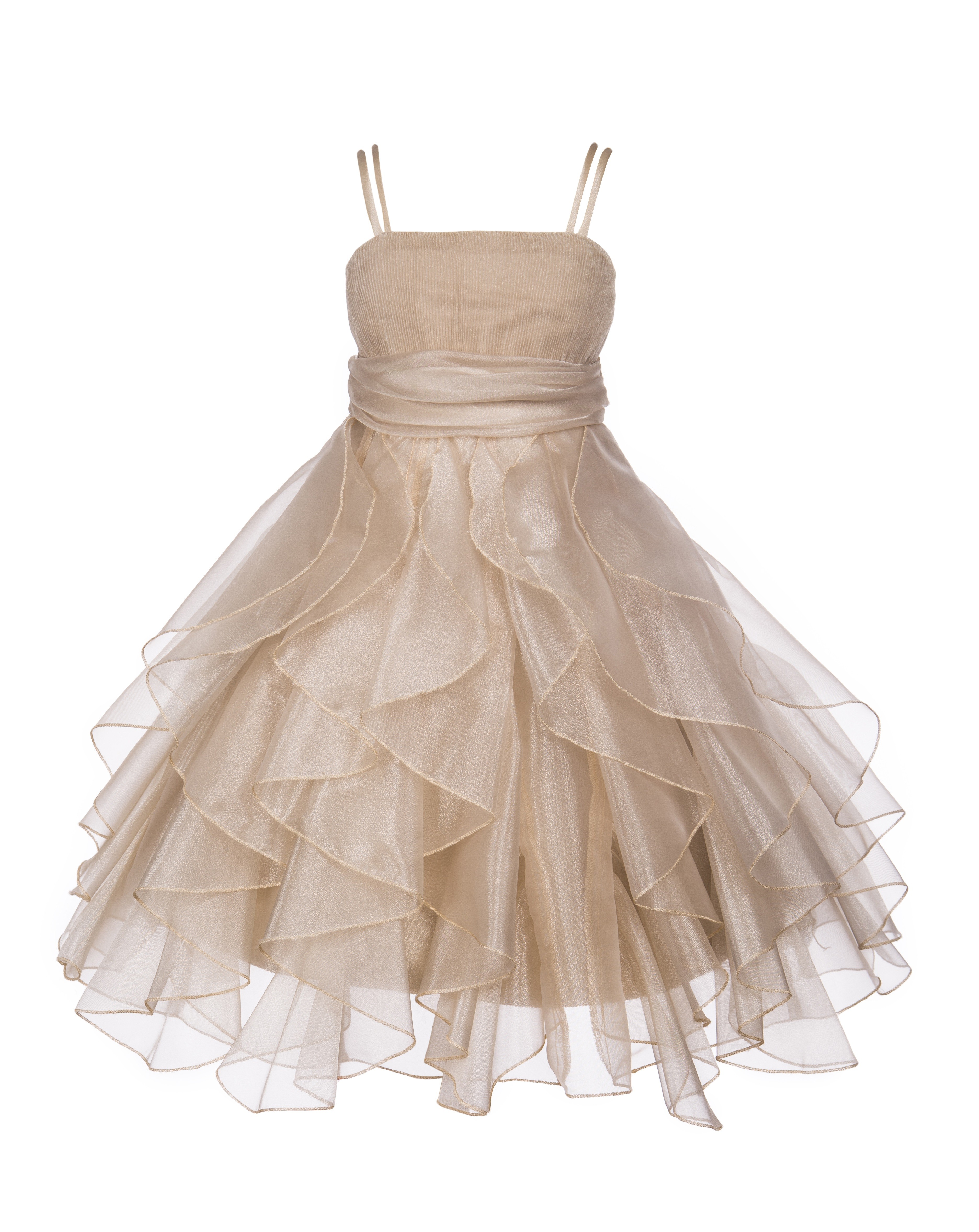 Champagne Ruffled Bodice Spaghetti Strap Organza Flower Girl Dress 151S