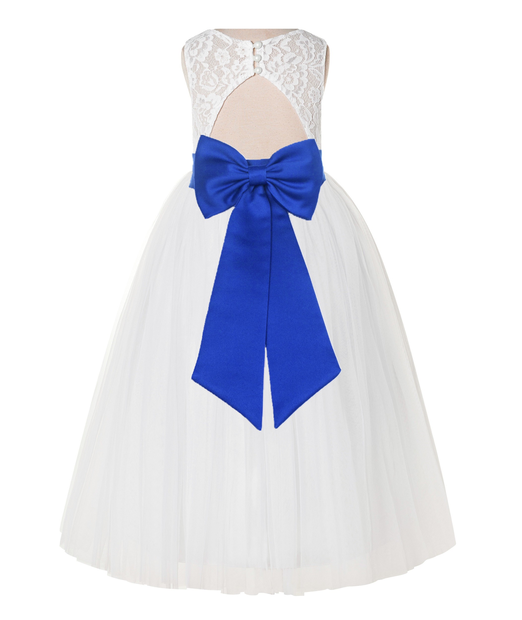 Ivory / Horizon Blue Lace Tulle Scoop Neck Keyhole Back A-Line Flower Girl Dress 178