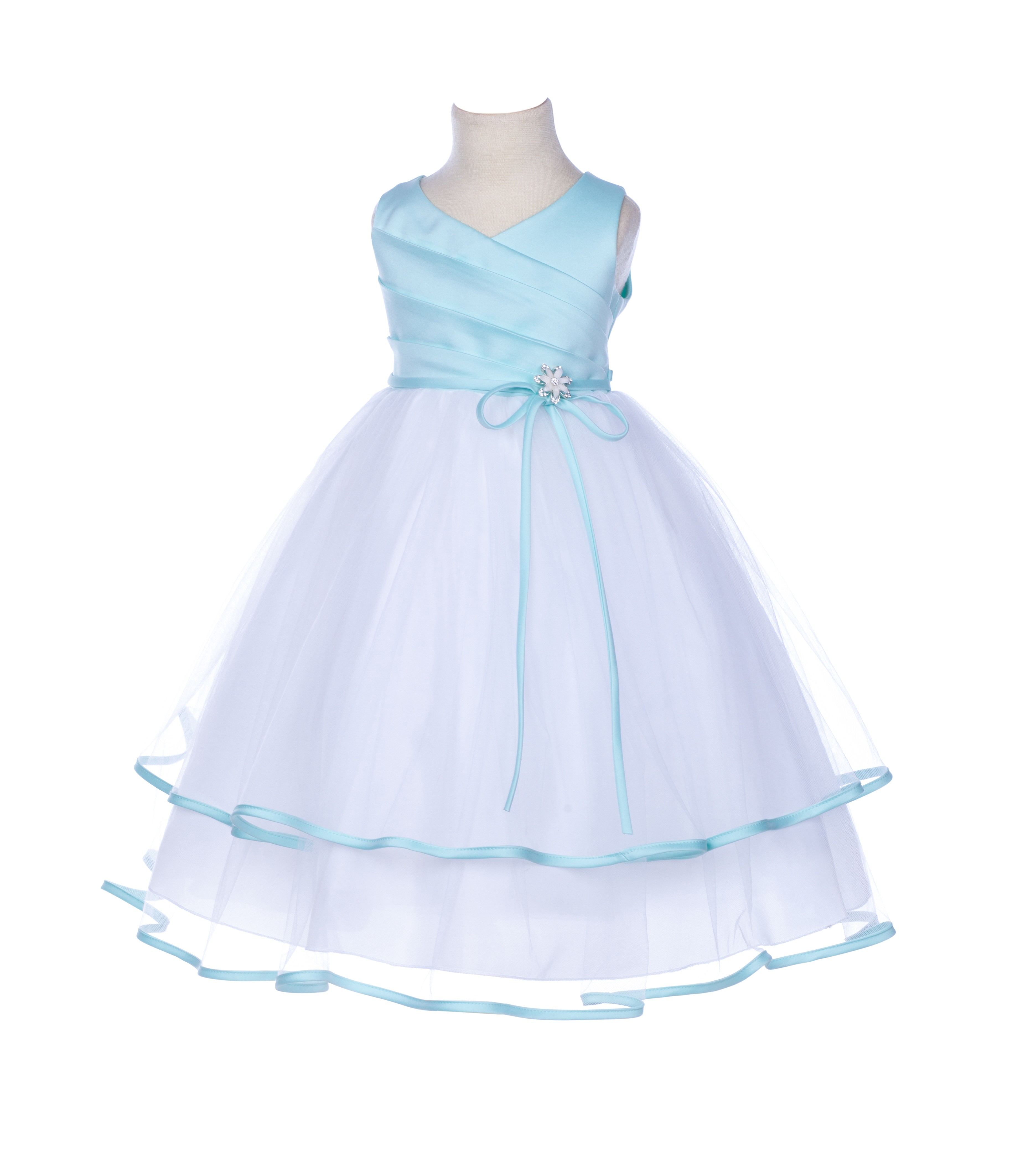 Mint Rhinestones Ruffle V-Neck Tulle Flower Girl Dress J115R