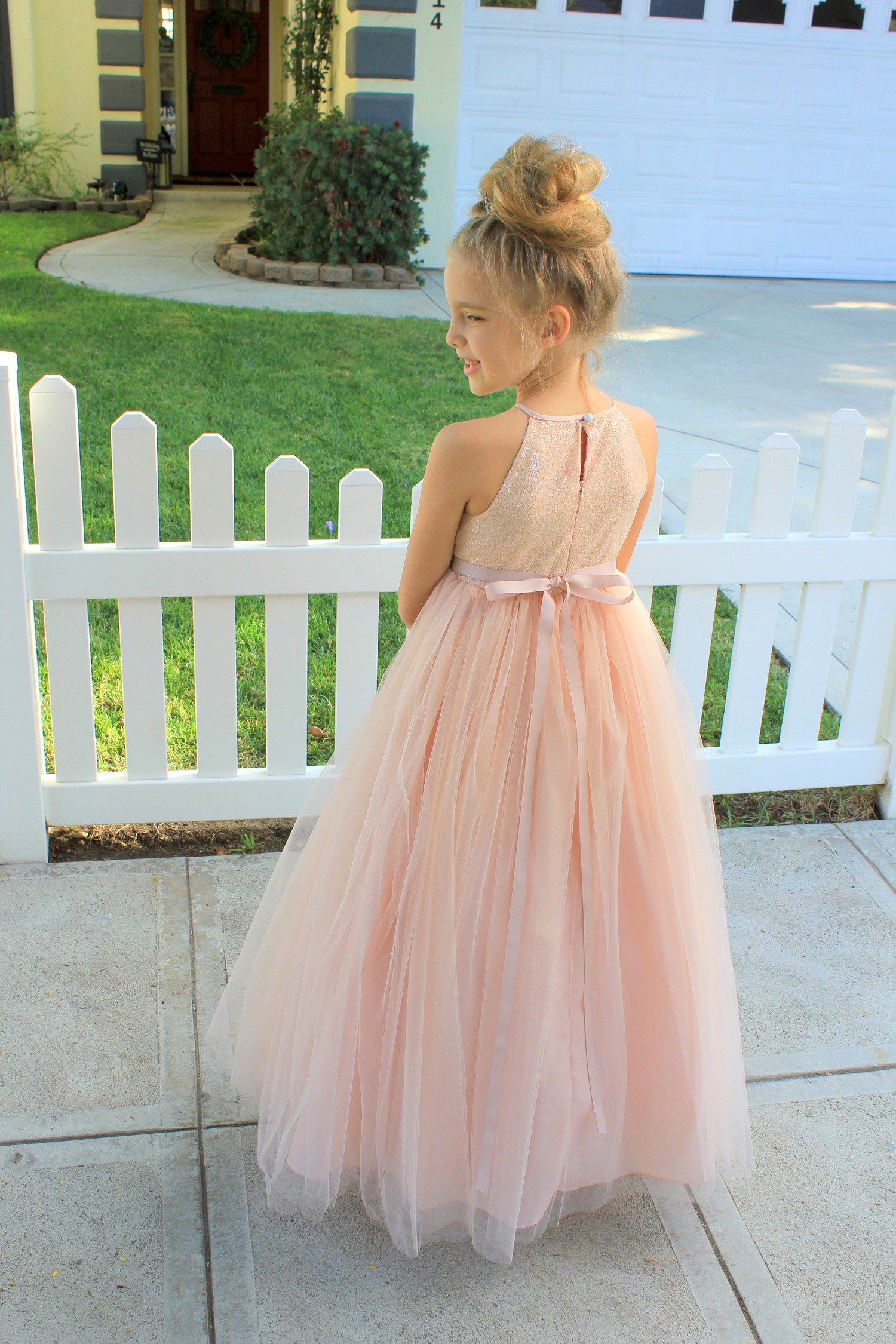 Blush Pink Sequin Halter Flower Girl Dress 202