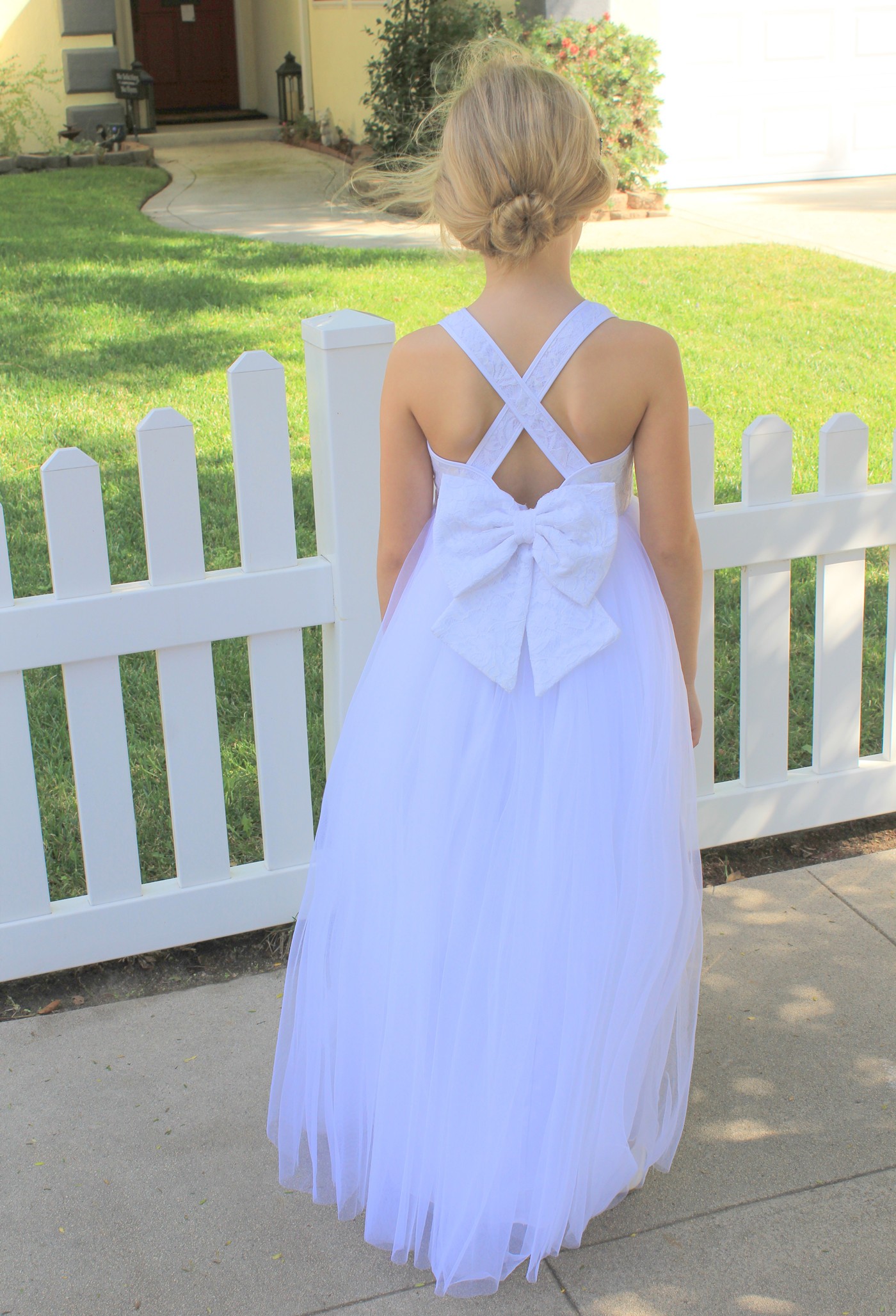  White Crossed Straps Lace Flower Girl Dress 204
