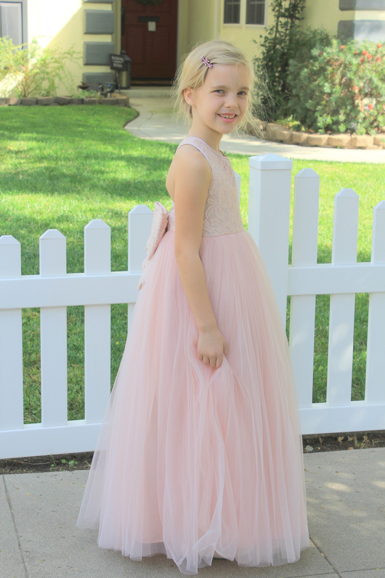 Blush Pink Crossed Straps Lace Flower Girl Dress 204