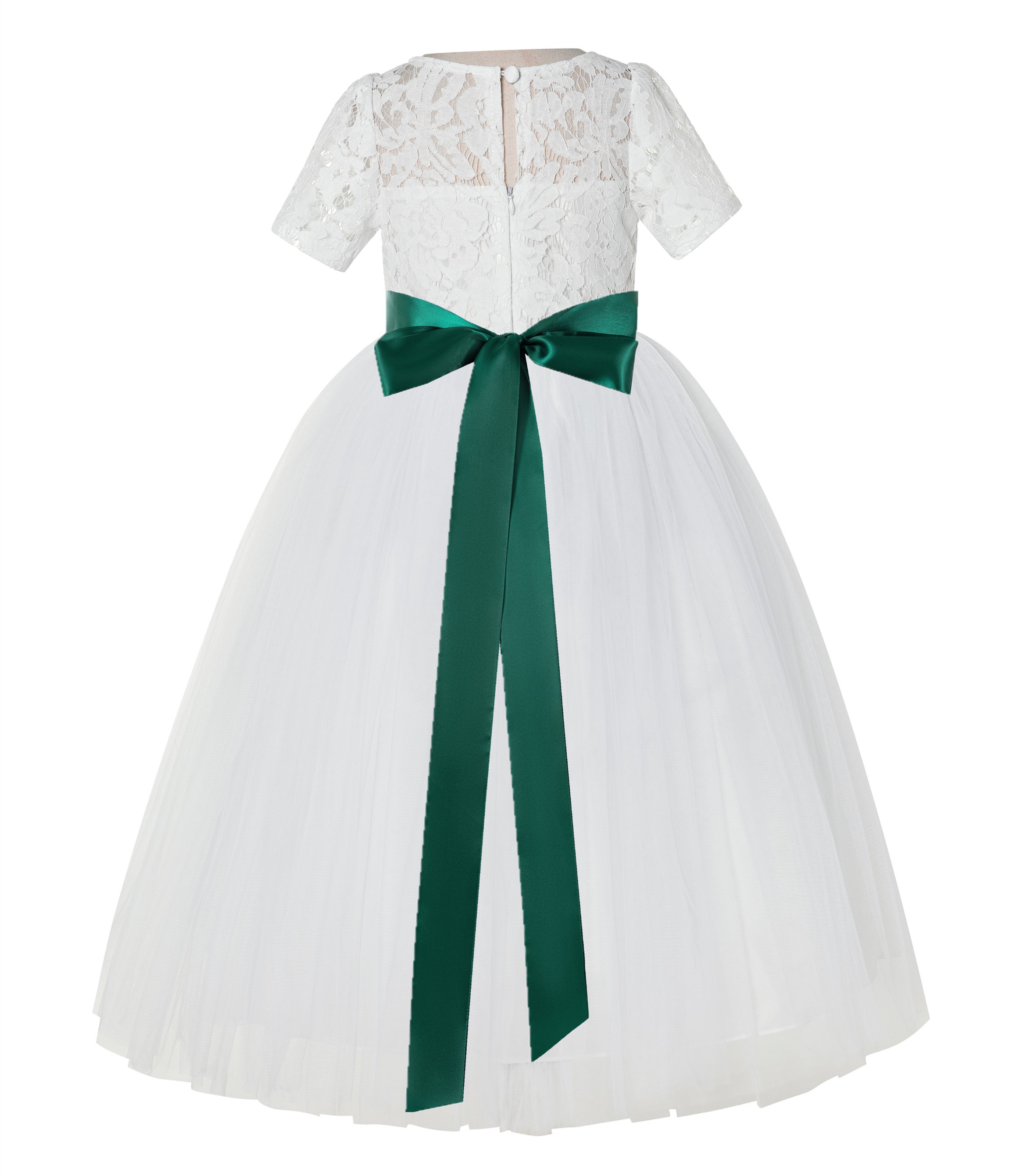 Ivory / Forest Green Floral Lace Flower Girl Dress Vintage Dress LG2